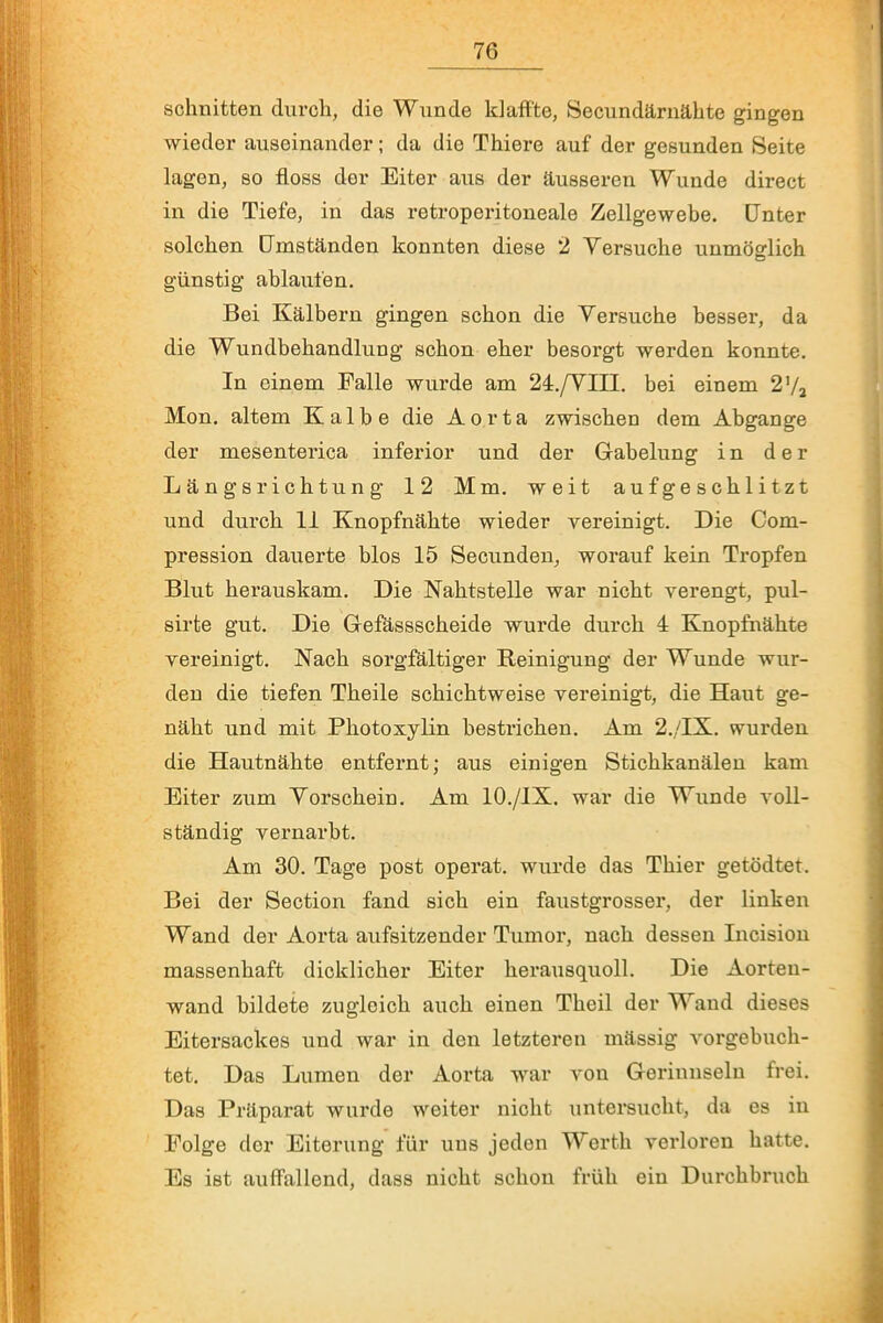 schnitten durch, die Wunde klaffte, Secundärnahte gingen wieder auseinander; da die Thiex-e auf der gesunden Seite lagen, so floss der Eiter aus der äusseren Wunde direct in die Tiefe, in das retropexdtoneale Zellgewebe. Unter solchen Umständen konnten diese 2 Versuche unmöglich günstig ablaufen. Bei Kälbern gingen schon die Versuche besser, da die Wundbehandlung schon eher besorgt werden konnte. In einem Palle wurde am 24./VIII. bei einem 2'/2 Mon. altem Kalbe die Aorta zwischen dem Abgänge der mesentei'ica inferior und der Gabelung in der Längsrichtung 12 Mm. weit aufgeschlitzt und durch 11 Knopfnähte wieder vereinigt. Die Com- pression dauerte blos 15 Secunden, worauf kein Tropfen Blut herauskam. Die Nahtstelle war nicht verengt, pul- sirte gut. Die Gefässscheide wui’de durch 4 Knopfnähte vereinigt. Nach soi’gfältiger Reinig-ung der Wunde wur- den die tiefen Theile schichtweise vereinigt, die Haut ge- näht und mit Photoxylin bestrichen. Am 2./IX. wurden die Hautnähte entfeimt; aus einigen Stichkanälen kam Eiter zum Vorschein. Am lO./IX. war die Wunde voll- ständig vernarbt. Am 30. Tage post operat, wurde das Thier getödtet. Bei der Section fand sich ein faustgrossei*, der linken Wand der Aorta aufsitzender Tumoi*, nach dessen Incision massenhaft dicklicher Eiter herausquoll. Die Aorten- wand bildete zugleich auch einen Theil der Wand dieses Eitersackes und war in den letzteren mässig vorgebuch- tet, Das Lumen der Aorta war von Gei’innseln frei. Das Präparat wurde weiter nicht untei’sucht, da es in Folge der Eiterung für uns jeden Werth vei’loren hatte. Es ist auffallend, dass nicht schon früh ein Durchbruch