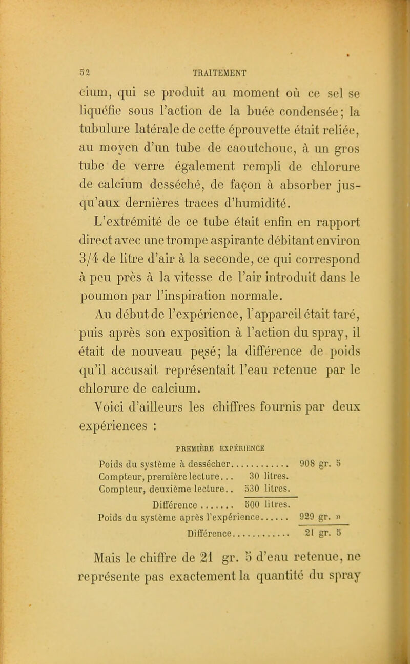 ciiim, qui se produit au moment où ce sel se liquéfie sous l'action de la buée condensée; la tubulure latérale de cette éprouvette était reliée, au moyen d'un tube de caoutchouc, à un gros tube de verre également rempli de chlorure de calcium desséché, de façon à absorber jus- qu'aux dernières traces d'humidité. L'extrémité de ce tube était enfin en rapport direct avec une trompe aspirante débitant environ 3/4 de litre d'air à la seconde, ce qui correspond à peu près à la vitesse de l'air introduit dans le poumon par l'inspiration normale. Au début de l'expérience, l'appareil était taré, puis après son exposition à l'action du spray, il était de nouveau pesé; la difi'érence de poids qu'il accusait représentait l'eau retenue par le chlorure de calcium. Voici d'ailleurs les chiffres fournis par deux expériences : PREMIÈRE EXPÉRIENCE Poids du système à dessécher 908 gr. 5 Compteur, première lecture... 30 litres. Compteur, deuxième lecture.. a30 litres. Différence oOO litres. Poids du système après l'expérience 929 gr. » Différence 21 gr. 5 Mais le chiffre de 21 gr. 5 d'eau retenue, ne représente pas exactement la quantité du spray