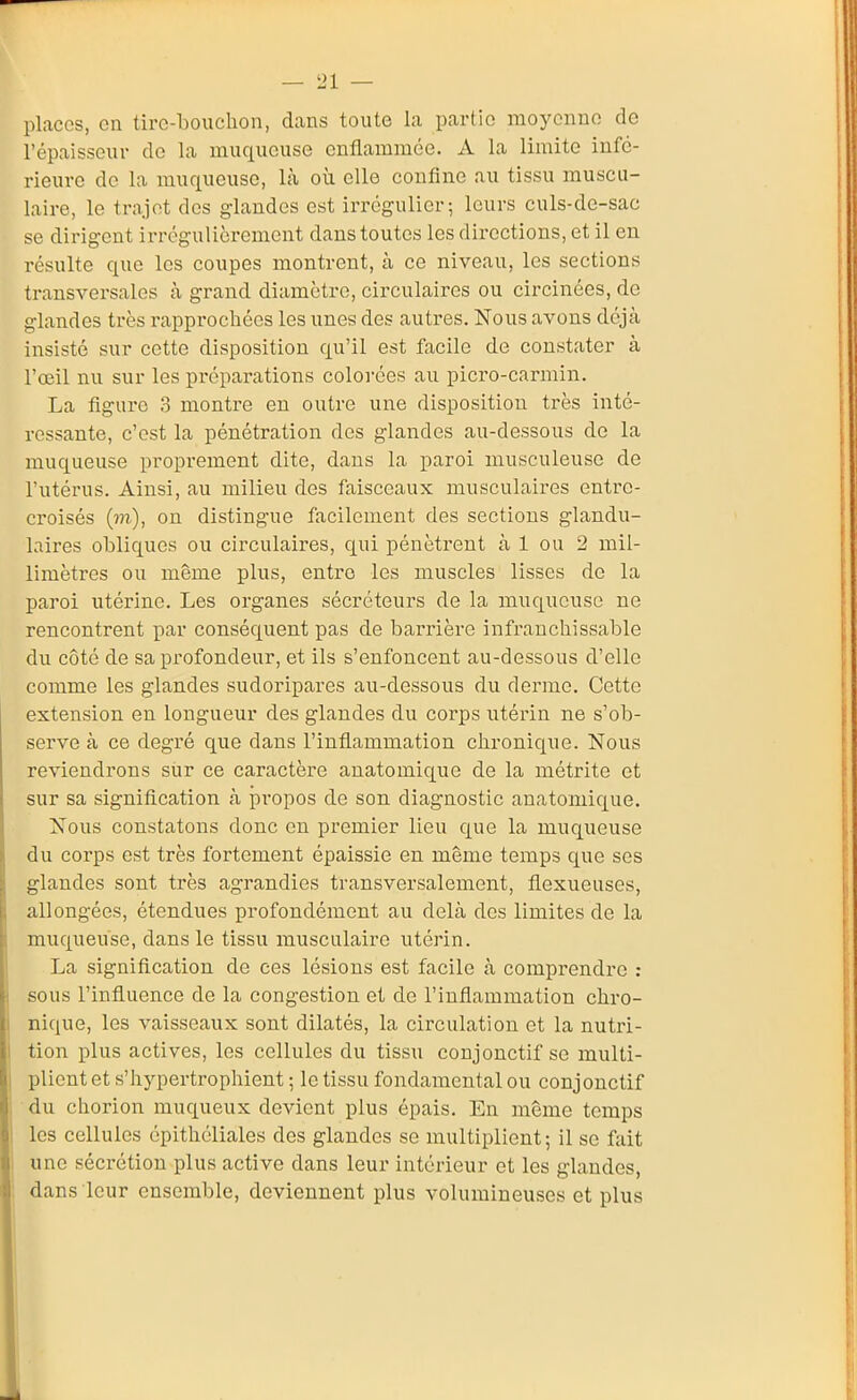 places, on tire-bouchon, dans toute la partie moyenne de l'épaisseur de la muqueuse enflammée. A la limite infé- rieure de la muqueuse, là où elle confine au tissu muscu- laire, le trajet dos glandes est irrcgulier; leurs culs-de-sac se dirigent irrégulièrement dans toutes les directions, et il en résulte que les coupes montrent, à ce niveau, les sections transversales à grand diamètre, circulaires ou circinées, de glandes très rapprochées les unes des autres. Nous avons déjà insisté sur cette disposition qu'il est facile de constater à l'œil nu sur les préparations coloi-ées au picro-carmin. La figure 3 montre en outre une disposition très inté- ressante, c'est la pénétration des glandes au-dessous de la muqueuse proprement dite, dans la paroi musculeuse de l'utérus. Ainsi, au milieu des faisceaux musculaires entre- croisés (î?i), on distingue facilement des sections glandu- laires obliques ou circulaires, qui pénètrent à 1 ou 2 mil- limètres ou même plus, entre les muscles lisses de la paroi utérine. Les organes sécréteurs de la muqueuse ne rencontrent par conséquent pas de barrière infranchissable du côté de sa profondeur, et ils s'enfoncent au-dessous d'elle comme les glandes sudoripares au-dessous du derme. Cette extension on longueur des glandes du coi^ps iitérin ne s'ob- serve à ce degré que dans l'inflammation chronique. Nous reviendrons sur ce caractère anatomique de la métrite et sur sa signification à propos de son diagnostic anatomique. Nous constatons donc en premier lieu que la muqueuse du corps est très fortement épaissie en même temps que ses glandes sont très agrandies transversalement, flexueuses, allongées, étendues profondément au delà des limites de la muqueuse, dans le tissu musculaire utérin. La signification do ces lésions est facile à comprendre : sous l'influence do la congestion et de l'inflammation chro- nique, les vaisseaux sont dilatés, la circulation et la nutri- tion plus actives, les cellules du tissu conjonctif se multi- plient et s'hypertrophient ; le tissu fondamental ou conjonctif du chorion muqueux devient plus épais. En même temps les cellules épithéliales des glandes se multiplient; il se fait une sécrétion plus active dans leur intérieur et les glandes, dans leur ensemble, deviennent plus volumineuses et plus