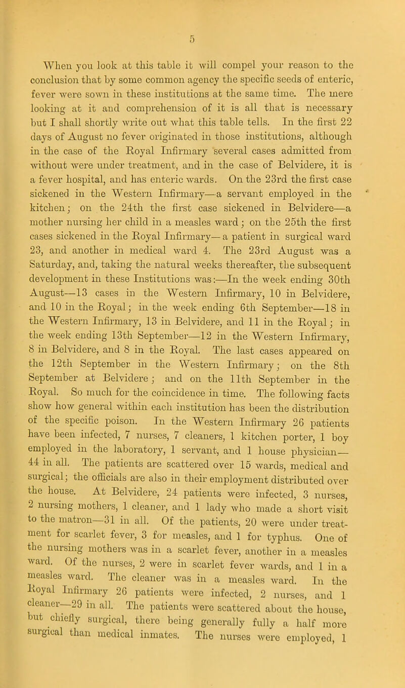 When you look at this table it will compel your reason to the conclusion that by some common agency the specific seeds of enteric, fever were sown in these institutions at the same time. The mere looking at it and comprehension of it is all that is necessary but I shall shortly write out what this table tells. In the first 22 days of August no fever originated in those institutions, although in the case of the Royal Infirmary several cases admitted from without were under treatment, and in the case of Belvidere, it is a fever hospital, and has enteric wards. On the 23rd the fii'st case sickened in the Western Infirmary—a servant employed in the kitchen; on the 2-ith the first case sickened in Belvidere—a mother nursing her cliild in a measles ward j on the 25th the first cases sickened in the Royal Infirmary— a patient in surgical ward 23, and another in medical ward 4. The 23rd August was a Saturday, and, taking the natural weeks thereafter, the subsequent development in these Institutions was:—In the week ending 30th August—13 cases in the Western Infirmary, 10 in Belvidere, and 10 in the Royal; in the week ending 6th September—18 in the Western Infirmary, 13 in Belvidere, and 11 in the Royal; in the week ending 13th September—12 in the Western Infirmary, 8 in Belvidere, and 8 in the Royal. The last cases appeared on the 12th September in the Western Infirmary; on the 8th September at Belvidere; and on the 11th September in the Royal. So much for the coincidence in time. The following facts show how general within each institution has been the distribution of the specific poison. In the Western Infirmary 26 patients have been infected, 7 nurses, 7 cleaners, 1 kitchen porter, 1 boy employed in the laboratory, 1 servant, and 1 house physician— 44 in all. The patients are scattered over 15 Avards, medical and surgical; the officials are also in their employment distributed over the house. At Belvidere, 24 patients were infected, 3 nurses, 2 nursing mothers, 1 cleaner, and 1 lady who made a short visit to the matron—31 in all. Of the patients, 20 were under treat- ment for scarlet fever, 3 for measles, and 1 for typhus. One of the nursing mothers was in a scarlet fever, another in a measles ward. Of the nurses, 2 were in scarlet fever wards, and 1 in a measles ward. The cleaner was in a measles ward. In the Royal Infirmary 26 patients were infected, 2 nurses, and 1 cleaner—29 in all. The patients were scattered about the house, but chiefly surgical, there being generally fully a half more surgical than medical inmates. The nurses were employed, 1