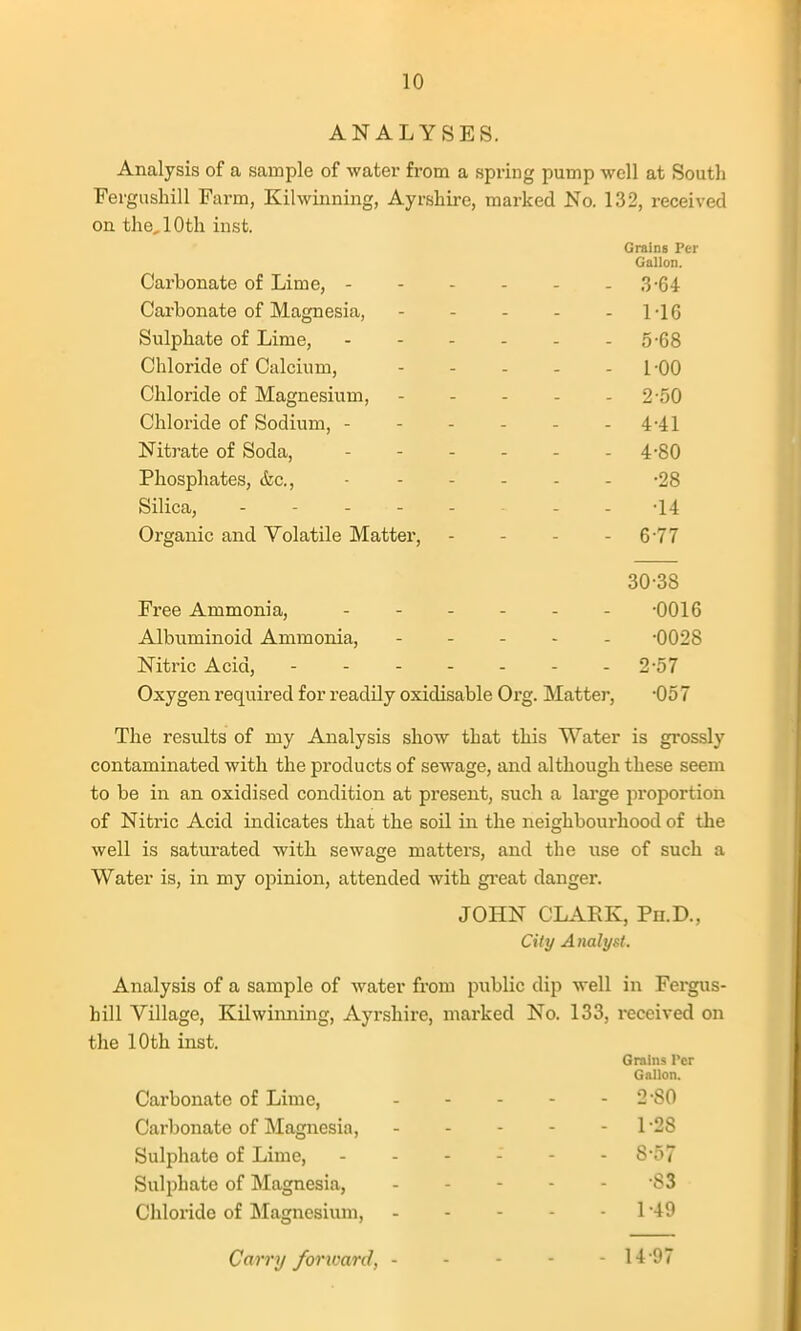 ANALYSES. Analysis of a sample of water from a spring pump well at Soutli Fergusliill Farm, Kilwinning, Ayrshire, marked No. 132, received on the, 10th inst. Grains Ptr Gallon. Carbonate of Lime, - - - . 3-64 Carbonate of Magnesia, - 1-16 Sulphate of Lime, - - . . - 5-68 Chloride of Calcium, - 1-00 Chloride of Magnesium, - 2-50 Chloride of Sodium, - - - . - 4-41 Nitrate of Soda, - - - . - 4-80 Phosphates, &c., •28 Silica, •14 Organic and Volatile Matter, - 6-77 30-38 Free Ammonia, -0016 Albuminoid Ammonia, - - . - . -0028 Nitric Acid, 2^57 Oxygen required for readily oxidisable Org. Matter, -057 The results of my Analysis show that this Water is grossly contaminated with the products of sewage, and although these seem to be in an oxidised condition at present, such a large pi'oportion of Nitric Acid indicates that the soU in the neighbourhood of the well is saturated with sewage matters, and the use of such a Water is, in my opinion, attended with gi'eat danger. JOHN CLARK, Pn.D., City Analyst. Analysis of a sample of water from public dip well in Fergus- hill Village, Kilwimiing, Ayrshire, marked No. 133, received on the 10th inst. Grains Tcr Gallon. Carbonate of Lime, - 2-SO Carbonate of Magnesia, - 1-28 Sulphate of Lime, . . - - - 8-57 Sulphate of Magnesia, •83 Chloride of INIagnesium, - 1 -49 Carry fortvard, • - 14-97