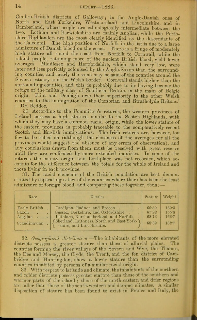 Cimbro-British districts of Galloway; in the Anglo-Danish ones of North and East Yorkshire, Westmoreland and Lincolnshire, and in Cumberland, whose people are ethnologically intermediate between the two. Lothian and Berwickshire are mainly Anglian, while the Perth- shire Highlanders are the most clearly identified as the descendants of the Caledonii. The high position of Norfolk in the list is due to a large admixture of Danish blood on the coast. There is a fringe of moderately high stature all round the coast from Norfolk to Cornwall, while the inland people, retaining more of the ancient British blood, yield lower averages. Middlesex and Hertfordshire, which stand very low, were later and less perfectly colonised by the Anglo-Saxon than the surround- ing counties, and nearly the same may be said of the counties around the Severn estuary and the Welsh border. Cornwall stands higher than the surrounding counties, and this is probably due to its having become the refuge of the military class of Southern Britain, in the main of Belgic origin. Flint and Denbigh owe their superiority to the other Welsh counties to the immigration of the Cumbrian and Strathclyde Britons.’ —Dr. Beddoe. 30. According to the Committee’s returns, the western provinces of Ireland possess a high stature, similar to the Scotch Highlands, with which they may have a common racial origin, while the lower stature of the eastern provinces is probably traceable to the comparatively recent Scotch and English immigrations. The Irish returns are, however, too few to be relied on (although the closeness of the averages for all the provinces would suggest tbe absence of any errors of observation), and any conclusions drawn from them must be received with great reserve until they are confirmed by more extended inquiries. In some of the returns the county origin and birthplace was not recorded, which ac- counts for the difference between the totals for the whole of Ireland and those living in each province. 31. The racial elements of the British population are best demon- strated by separating a few of the counties where there has been the least admixture of foreign blood, and comparing these together, thus :— Race District Stature Weight Early British . Saxon Anglian . Scandinavian . Cardigan, Radnor, and Brecon . Sussex, Berkshire, and Oxfordshire . Lothians, Northumberland, and Norfolk . f Shetland, Caithness, North and East York-1 \ shire, and Lincolnshire. j 66- 59 67- 22 6S-73 6S-32 169-3 155S 166-7 162-7 32. Geographical distribution.—The inhabitants of the more elevated districts possess a greater stature than those of alluvial plains. The counties forming the river valleys of the Severn and Wye, the Thames, the Dee and Mersey, the Clyde, the Trent, and the fen district of Cam- bridge and Huntingdon, show a lower staturo than the surrounding counties inhabited by persons of a similar racial origin. 33. With respect to latitude and climate, the inhabitants of the northern and colder districts possess greater stature than those of the southern and warmer parts of the island ; those of the north-eastern and drier regions are taller than those of the south-western and damper climates. A similar disposition of stature has been found to exist in France and Italy, the