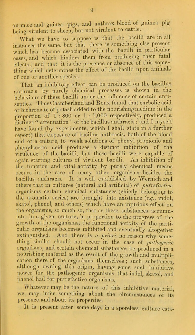 on mice and guinea pigs, and anthrax blood of guinea pig being virulent to sheep, but not virulent to cattle. What we have to suppose Is that the bacilli are in all instances the same, but that there is something else present Avhich has become associated with the bacilli in particular cases, and which hinders them from producing their fatal effects; and that it is the presence or absence of this sorae- thlno- which determines the effect of the bacilli upon animals of- one or another species. That an inhibitory effect can be produced on the bacillus anthracls by purely chemical processes is shown in the behaviour of these bacilli under the Influence of certain anti- septics. Thus Chamberland and Roux found that carbolic acid or bichromate of potash added to the nourishingmedlum in the proportion of 1 : 800 or I : 1,000 respectively, produced a distinct  attenuation  of the bacillus anthracls ; and I myself have found (by experiments, which I shall state in a further report) that exposure of bacillus anthracls, both of the blood and of a culture, to weak solutions of phenyl propionic and phenylacetlc acid produces a distinct inhibition of the virulence of the bacilli, but these bacilli were capable of again startinoj cultures of virulent bacilli. An Inhibition of the function and vital activity by purely chemical means occurs in the case of many other organisms besides the bacillus anthracls. It Is well established by Wernlch and others that in cultures (natural and artificial) o£ putrefactive organisms certain chemical substances (chiefly belonging to the aromatic series) are brought into existence {e.g., indol, skatol, phenol, and others) which have an injurious effect on the organisms, so much so, that as these substances accumu- late in a given culture, in proportion to the progress of the growth of the organisms, the functional activity of the parti- cular organisms becomes inhibited and eventually altogether extinguished. And there is a priori no reason why some- thing similar should not occur in the case of pathogenic organisms, and certain chemical substances be produced in a nourishing material as the result of the growth and multipli- cation there of the organisms themselves ; such substances, although owning this origin, having some (?uch Inlubitive power for the pathogenic organisms that indol, skatol, and phenol had for putrefactive organisms. Whatever may be the nature of this inhibitive material, we may infer something about the circuinetances of its presence and about its properties. It is present after some days in a sporeless culture esta-