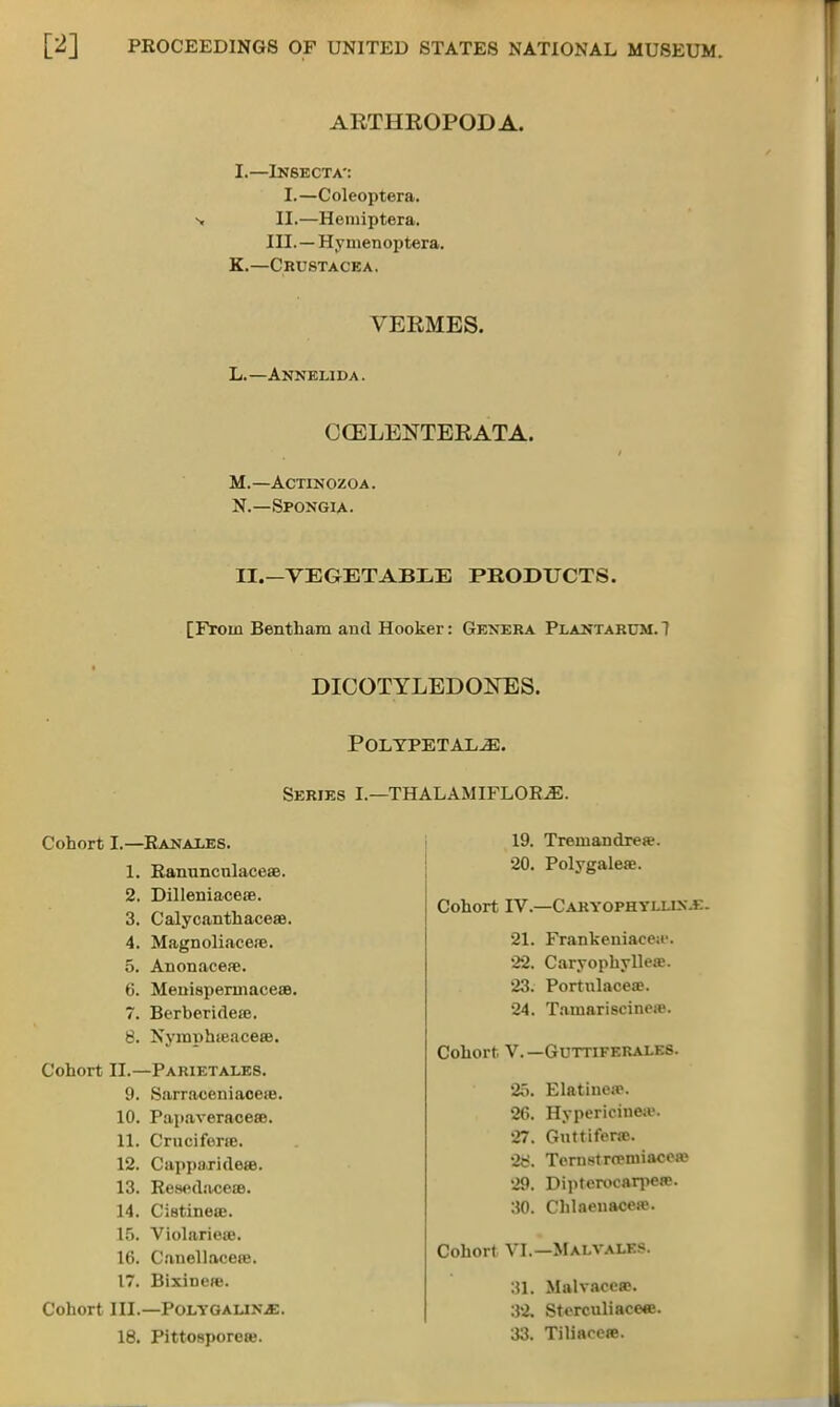 ARTHROPOD A. M.— ACTINOZOA. N.—Spongia. II.—VEGETABLE PRODUCTS. [From Bentham and Hooker: Genera Plantarum.7 DICOTYLEDONS. POLYPETAL-iE. Series I.—THALAMIFLOR.E. L—Insecta': I.—Coleoptera. II.—Heniiptera. III. — Hymenoptera. K.—Crustacea. VERMES. L.—Annelida. CGELENTERATA. Cohort I.—Ran axes. 1. Ranuncnlaceae. 2. Dilleniaceae. 3. Calycanthaceae. 4. Magnoliacefe. 5. Anonacea?. 6. MeuispermaceiB. 7. Berberidere. 8. Nyraphieaceae. 19. Treuiandrea?. 20. Polygaleae. Cohort IV.—Caryophyllin.e. 21. Frankeniaceu'. 22. Caryophyllea;. 23. Portnlaceae. 24. Tauiariscine;*'. Cohort. V.—Guttiferales. Cohort II.—Parietales. 9. Sarraceniaoeie. 10. Papaveracere. 11. Crncifene. 12. Capparidete. 13. Rescdace®. 14. Ciatineae. 15. Violariea?. lti. Canellacete. 17. BixiDt'fe. 25. Elatinea>. 26. Hypericinew. 27. Guttiferas. '26. Ternstrcpniiacew 29. Dipterocarpew. 30. Chlneuaceie. Cohort VI.— Malvales. Cohort HI.—POLYGALINJS. 18. Pittosporea;. 31. Malvaceae. 32. Sterculiaceee. 33. Tiliarere.