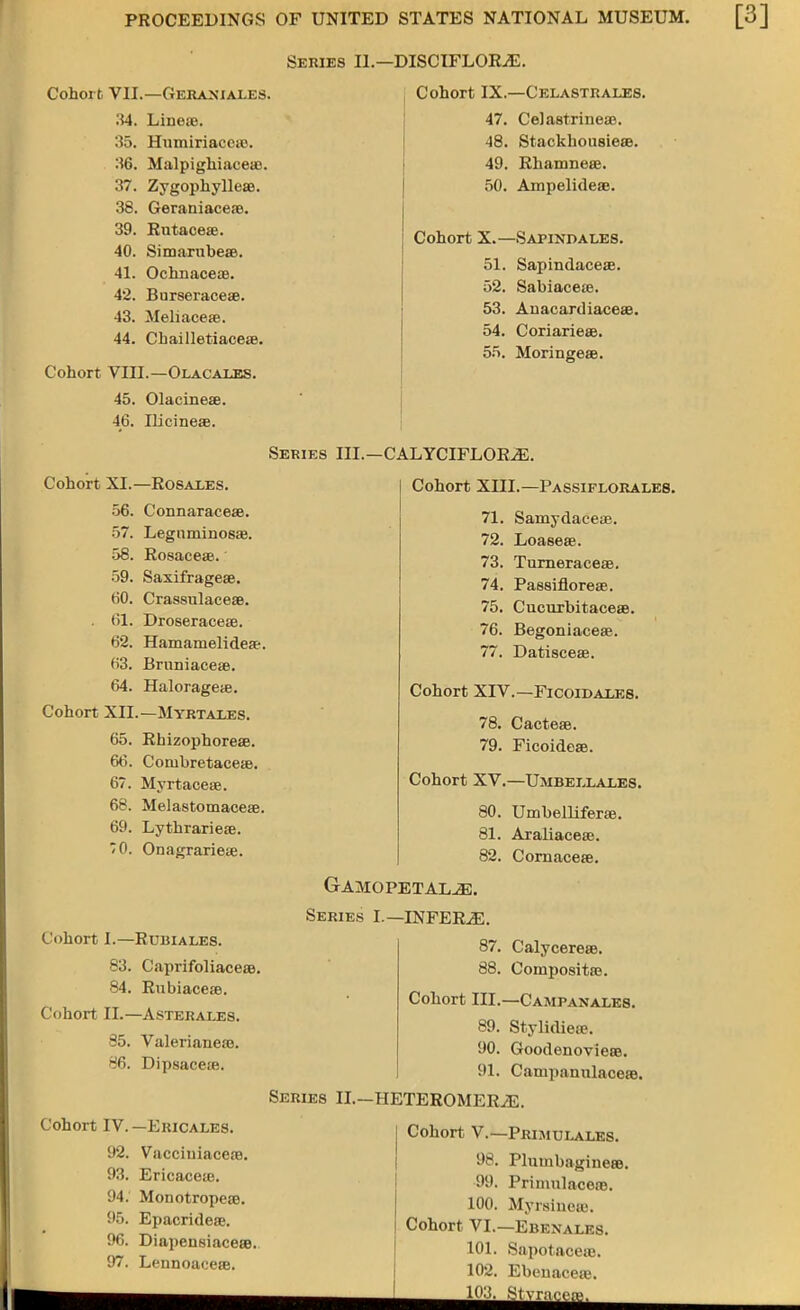 Cohort VII.—Geraniales. 34. LinetB. 35. Efumiriaoese. 36. Malpighiaceas. 37. ZygophylleaB. 38. GeraniaceaB. 39. Rutaceae. 40. Simarubeae. 41. OchnaceaB. 42. Burseracese. 43. Meliacese. 44. Cbailletiaceae. Cohort VIII.—Olacaxes. 45. Olacineae. 46. Ilicineae. Series II.—DISCIFLOR^E. Cohort IX.—Celastrales. 47. Celastrineae. 48. Stackhousieae. 49. Rhamneae. 50. AmpelideaB. Cohort X.—Sapindales. 51. Sapindaceae. 52. Sabiacece. 53. Anacardiaceae. 54. CoriariesB. 55. MoringesB. Series III.—CALYCIFLOR^. Cohort XI.—Rosales. 56. Connaraceas. 57. Legnminosaj. 58. Rosaceae. 59. Saxifrageas. 60. Crassulacea?. . 61. DroseraceaB. 62. Hamamelideae. 63. Bruniaceas. 64. Halorageae. Cohort XII.—Myrtales. 65. Rhizophoreae. 66. CorubretaceaB. 67. MyrtaceaB. 68. Melastomaceae. 69. LythrarieaB. '0. Onagrarieaj. Cohort XIII.—Passiflorales. 71. Samydaceae. 72. Loaseee. 73. Turneracese. 74. PassifloreaB. 75. Cucurbitaceae. 76. Begoniaceae. 77. Datisceas. Cohort XIV.—Ficoidales. 78. Cacteaa. 79. Ficoideas. Cohort XV.—Umbeixales. 80. Umbelliferaa. 81. Araliaceas. 82. Cornaceae. Gamopetalje. Cohort I.—Rubiales. 83. CaprifoliaceaB. 84. Rubiaceaa. Cohort II.—Asterales. 85. ValerianeaB. 86. Dipsaceoa. Cohort IV. —Ericales. 92. VacciuiaceaB. 93. Ericaceae. 94. Monotropeae. 95. Epacrideae. 96. Diapensiaceae. 97. Lennoaceas. Series I.—INFERS. 87. CalycereaB. 88. Compositae. Cohort III.— CAMPANALE8. 89. Stylidiea?. 90. Goodenovieae. 91. Canipanulaceaa. Series II—HETEROMERiE. Cohort V.—Primulales. 98. PhimbagineaB. 99. Primnlaceae. 100. Myxsineee. Cohort VI.—Ebenales. 101. SapotaceaB. 102. Ebenaceae.