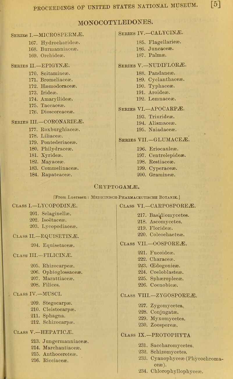 MONOCOTYLEDONES. Series I.—MICROSPERMiE. 167. Hydroohoridese. 168. BmmanniaceaB. 169. Orchidere. Series II.—EPIGYNS. 170. Scitarnineae. 171. Bromeliacea'. 172. Hamodoracese. 173. Irideae. 174. Amaryllideae. 175. Taccacese. 17,6. Dioscoreaceae. Series III.—CORONARIES. 177. Roxburgbiaceae. 178. Liliaceie. 179. Pontederiaceae. 180. PMlydracese. 181. Xyrideae. 182. Mayaceae. 183. Commelinaceae. 184. Rapateaceae. Series IV.—CALYCINS. 185. Flagellarie®. 186. Juncacese. 187. Palmae. Series V.—NUDIFLORS. 188. Pandaneae. 189. Cyclanthaceae. 190. TypliacesB. 191. Aroideaa. 192. Lemnaceae. Series VI.—APOCARPS. 193. Triuridese. 194. Alismacea?. 195. Naiadaceae. Series VII.—GLUMACEs! 196. Eriocauleae. 197. Centrolepideae. 198. Restiaceae. 199. Cyperaceas. 200. Graminese. Cryptogams. fFrom Lnerssen: Medicu!isch-Pharmaceutischb Botanik.] Class I.—LYCOPODLNiE. 201. Selaginellae. 202. Isoetaceae. 203. Lycopodiaceae. Class II.—EQUISETINS. 204. Equisetaeeae. Class III.-FILICLN.E. 205. Rhizocarpea?. 206. Opbioglossaceae. 207. Marattiaceae. 208. Filices. Class IV.—MUSCI. 209. Stegocarpae. 210. Cleistocarpae. 211. Sphagna. 212. Schizocarpee. Class V.—HEPATIOE. 213. Jungermauniaceae. 214. Marchantiaceae. 215. Anthoceroteae. 216. Ricciaceae. Class VI.—CARPOSPORES. 217. Basidiomycetes. 218. Ascomycetes. 219. Florideae. 220. Coleochaeteae. Class VII.—OOSPORES. 221. Fucoideae. 222. Cliaraceae. 223. GSdogonieae. 224. Coeloblasteae. 225. Sphaeropleeae. 226. Coeuobieae. Class VIII.—ZYGOSPORES. 227. Zygomycetes.. 228. Conjugates. 229. Myxomycetes. 230. Zoospome. Class IX.—PROTOPHYTA 231. Saccharoinycetes. 232. Schizomycetes. 233. Cyanopkyceae (Phycochroma- ce»). 234. Chloropkyllophyceae.