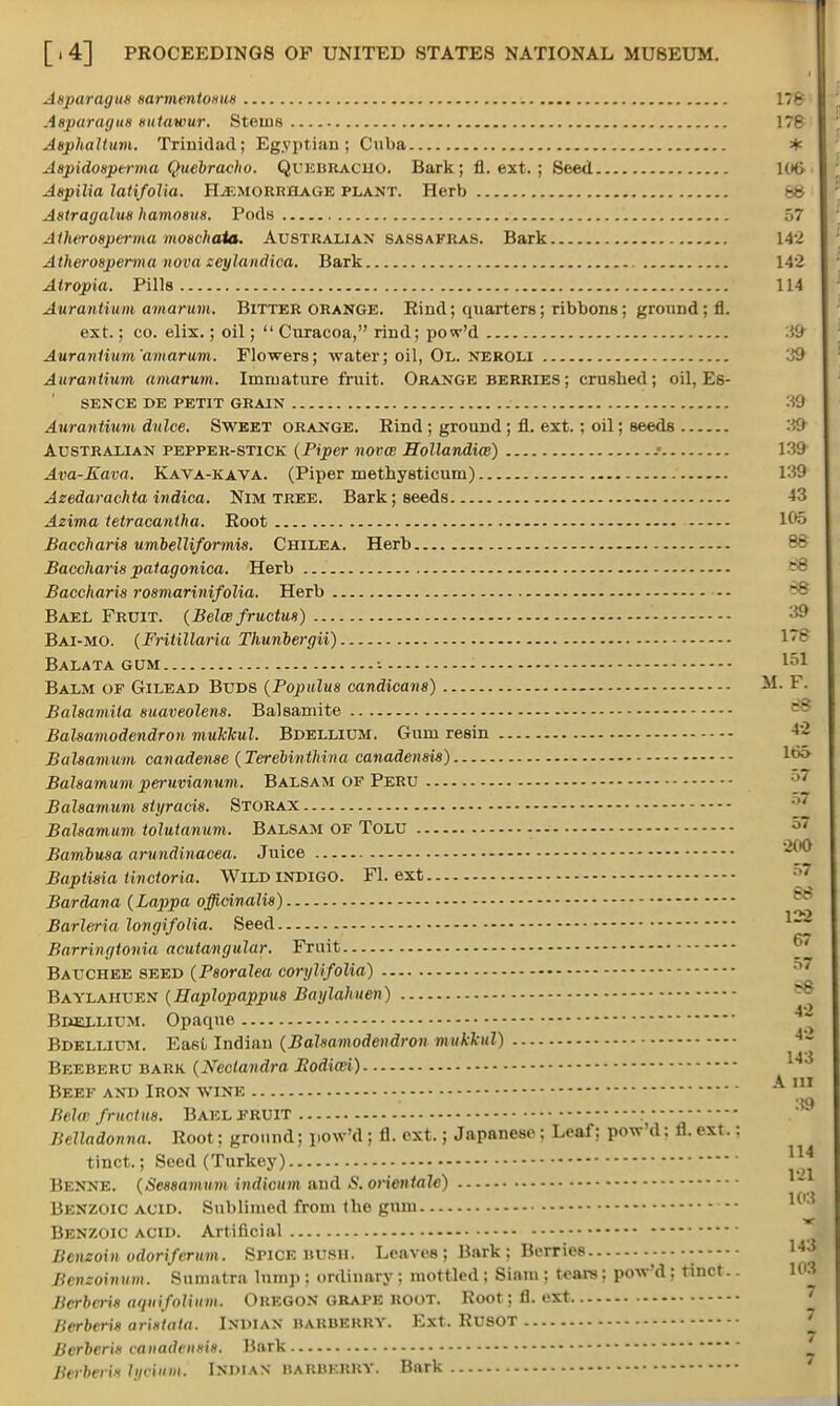 Asparagus sarmentosus Asparagus sutawur. Stems 178 Asphalt um. Trinidad) Egyptian; Cuba * Aspidosperma Quebracho. QUEBRACHO. Bark ; fl. ext. ; Seed 1(K> Aspilia latifolia. Hemorrhage plant. Herb 158 Astragalus hamosus. Pods 57 Atherospcrma moschata. Australian sassafras. Bark 142 Atherosperma nova zeylandica. Bark 142 Atropxa. Pills 114 Aurantium antarum. Bitter orange. Rind; quarters; ribbons; ground; fl. ext.; co. elix.; oil;  Curacoa, rind; pow'd 39 Aurantium'amarum. Flowers; water; oil, Ol. neroli 39 Aurantium amarum. Immature fruit. Orange berries; crushed; oil, Es- sence DE PETIT GRAIN 39 Aurantmm dulce. Sweet orange. Rind ; ground ; fl. ext.; oil; seeds Australian pepper-stick (Piper novas Hollandim) -• 139 Ava-Eava. Kava-kava. (Piper methysticum) 139 Azedarachta indica. Nim tree. Bark; seeds 43 Azima tetracantha. Root 105 Baccharis umbelliformis. Chilea. Herb Baccharis patagonica. Herb Baccharis rosmarinifolia. Herb BaeL Fruit. (Belw fructus) Bai-MO. (Fritillaria Thunbergii) Balata gum •- 151 Balm of Gilead Buds (Populus candicans) M. F. Balsamita suaveolens. Balsamite Balsamodendron mukkul. Bdellium. Gum resin Balsamum canadense (Terebinthina canadensis) Balsamum peruvianum. Balsam of Peru Balsamwm siyracis. Storax Balsamum tolutanum. Balsam of Tolu - Bambusa arundinacea. Juice Baptisia tinctoria. Wild indigo. Fl. ext Bardana (Lappa officinalis) ^ Barleria longifolia. Seed ~* Barringtonia acutangular. Fruit ^ Bauchee seed (Psoralea corylifolia) Baylahuen (Haplopappus Baylahuen) Bdellium. Opaque Bdellium. EasL Indian (Balsamodendron mukkul) 4~ Beeberu bark (Neclandra Bodicei) Beef and Iron wine ■ > Belw fructus. Bael fruit • Belladonna. Root; ground; pow'd ; 11. ext.; Japanese; Leaf; pow'd; fl. ext. j tinct.; Seed (Turkey) |*| Benne. (Sessamum indicum a.u<\ S. orientalc) *~ Benzoic acid. Sublimed from the gnm - • Benzoic acid. Artificial Benzoin odoriferum. Spice bush. Leaves; Bark: Berries Bcnzoinum. Sumatra lump ; ordinary; mottled; Sinm ; tears; pow'd; tinct.. 103 Berberis aquifolium. Oregon grape root. Root ;fl.ext Herberts aristata. Indian BARBERRY. Ext. RUSOT Berberin canadensis. Hark Berberi* lyoiuvi. Indian BARBERRY. Bark