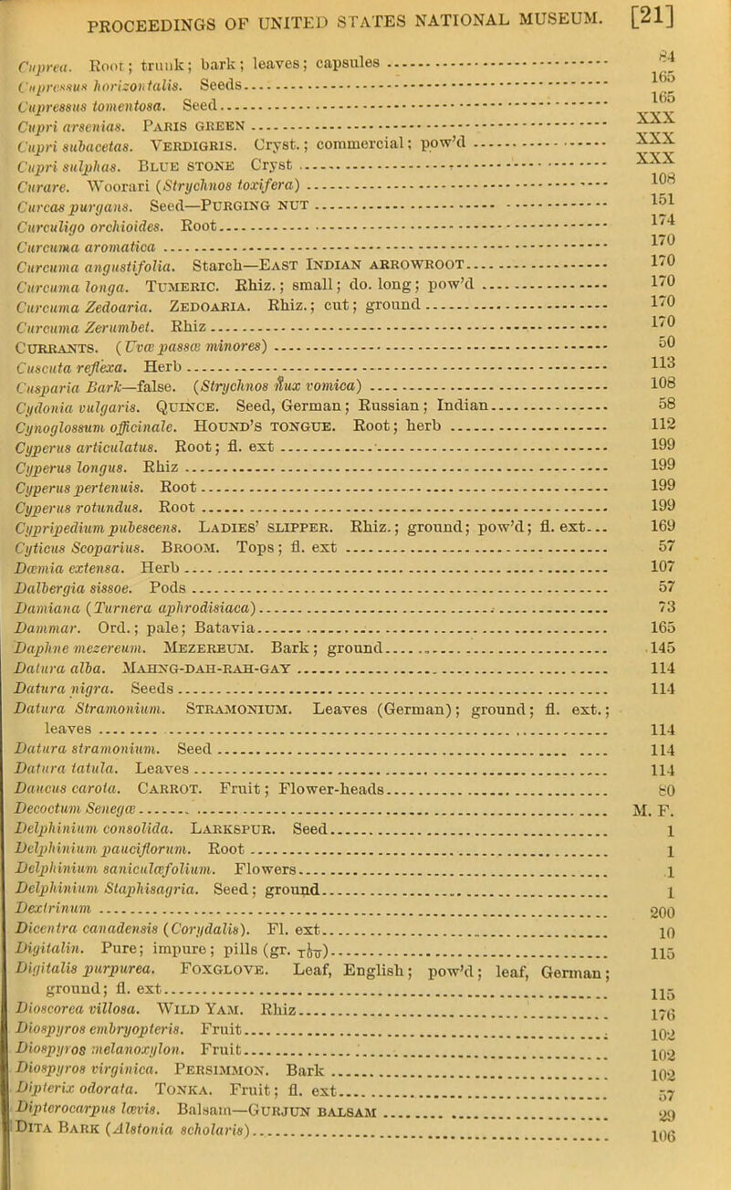 puprea. Root; trunk; bark; leaves; capsules ^ Cupressus horixontalii. Seeds Cupre88U8 tomentosa. Seed Cupri arsenias. Paris green ~~ Cupri subacetas. Verdigris. Cryst.; commercial; pow'd XXX. Cupri sulphas. Blue stone Cryst , xxx Curare. Woorari (Strychnos toxifera) 10rt Curcas puryaus. Seed—PURGING NUT 1»1 Curculigo orchioides. Root 4 Curcuma aromatica ^^ Curcuma angustifolia. Starcli—East Indian arrowroot 170 Curcuma longa. Tumeric. Rhiz.; small; do. long; pow'd 170 Curcuma Zedoaria. Zedoaria. Rhiz.; cut; ground 170 Curcuma Zerumbet. Rhiz WO Currants. (Uvapassai minores) --- 50 Cuscuta refl'exa. Herb US ( iisparia Bark—false. (Stryclinos ttux vomica) 108 Cydonia vulgaris. Quince. Seed, German; Russian; Indian 58 Cynoglossum officinale. Hound's tongue. Root; herb 112 Cyperus articulatus. Root; fl. ext 199 Cyperus longus. Rhiz 199 Cyperus pertenuis. Root 199 Cyperus rotundus. Root 199 Cypripediumpubescens. Ladies' slipper. Rhiz.; ground; pow'd; fl. ext... 169 Cyticus Scoparius. Broom. Tops; fl. ext 57 Dwmia extensa. Herb 107 Dalbergia sissoe. Pods 57 Damiana (Turnera aphrodisiaca) 73 Dammar. Ord.; pale; Batavia 165 Daphne mezereum. Mezereum. Bark; ground , 145 Dalura alba. Mahng-dah-rah-gaY 114 Datura nigra. Seeds 114 Datura Stramonium. Stramonium. Leaves (German); ground; fl. ext.; leaves 114 Datura stramonium. Seed 114 Datura tatula. Leaves 114 Daitcus caroia. Carrot. Fruit; Flower-heads b'O Decoctum Senega M. F. Delphinium consolida. Larkspur. Seed 1 Delphinium pauciflorum. Root 1 Delphinium saniculozfolium. Flowers 1 Delphinium Staphisagria. Seed; ground 1 Dextrinum 200 Dicenira canadensis (Corydalis). Fl. ext 10 Digitalin. Pure; impure; pills (gr. Tlv) 115 Digitalis purpurea. Foxglove. Leaf, English; pow'd; leaf, German; ground; fl. ext H5 Dioscorca villosa. Wild Yam. Rhiz jyg Diospyros embryopteris. Fruit 102 Diospyros melanoxylon. Fruit jqq Diospyros virginica. Persimmon. Bark 102 Dipterix odorata. Tonka. Fruit; fl. ext 57 Diptcrocarpns Iwvis. Balsam—GuRJUN balsam 29 'Dita Bark (Alstonia scholaris)
