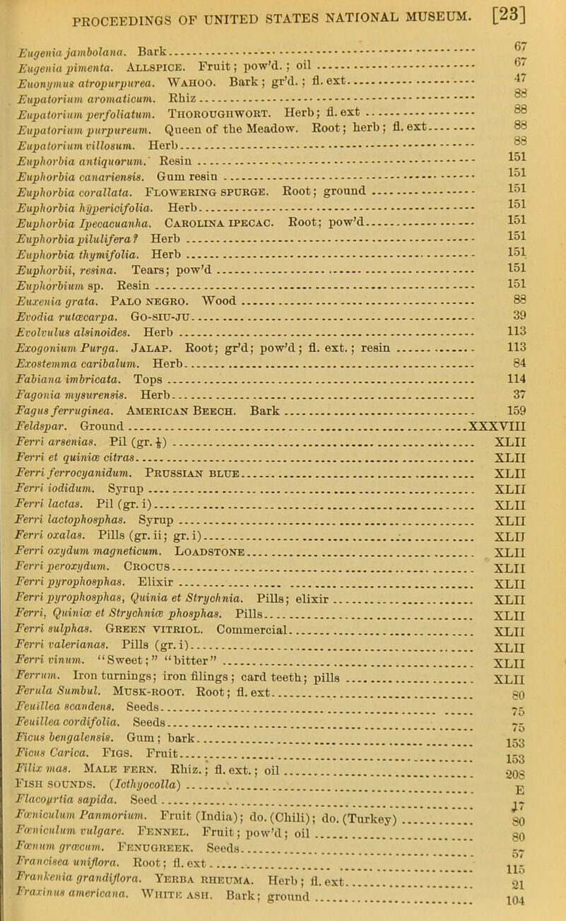 Eugenia jambolana. Bark Eugenia pimenta. Allspice. Fruit; pow'd.; oil Euonymus atropurpurea. Wahoo. Bark ; gr'd.; fl. ext Eupatorium aromaticum. Rhiz Eupatoriumperfoliatum. Tiiorougiiwort. Herb; fl.ext Eupatoruim purpureum. Queen of the Meadow. Root; herb; fl. ext Eupatorium villosum. Herb Euphorbia antiquorum.' Resin , 101 Euphorbia canariensis. Gum resin 151 Euphorbia corallata. Flowering spurge. Root; ground 151 Euphorbia hypericifolia. Herb 151 Euphorbia Ipecacuanha. Carolina ipecac. Root ; pow'd 151 Euphorbia pilulifera? Herb 151 Euphorbia thymifolia. Herb 151 Euphorbii, resina. Tears; pow'd 151 Euphorbium sp. Resin 151 Euxcnia grata. Palo negro. Wood 83 Evodia rulcecarpa. Go-siu-ju 39 Evolvulus alsinoides. Herb 113 Exogonium Purga. Jalap. Root; gr'd; pow'd; fl. ext.; resin 113 Exostemma caribalum. Herb 84 Fabiana imbricata. Tops 114 Fagonia mysurensis. Herb 37 Fagus ferruginea. American Beech. Bark 159 Feldspar. Ground XXXVIII Fern arsenias. Pil (gr. £) XLII Ferri et quiniw extras XLII Ferri ferrocyanidum. Prussian blue XLII Ferri iodidum. Syrup XLII Ferri lactas. Pil (gr. i) XLII Ferri lactophosphas. Syrup XLII Ferri oxalas. Pills (gr. ii; gr. i) „■ XLII Ferri oxydum magneticum. Loadstone XLII Ferri peroxydum. Crocus XLII Ferri pyrophosphas. Elixir XLII Ferri pyrophosphas, Quinia et Strychnia. Pills; elixir XLII Ferri, Quinice et Strychnia phosphas. Pills XLII Ferri sulphas. Green vitriol. Commercial XLII Ferri valerianas. Pills (gr. i) XLII Ferri vinum. Sweet; bitter XLII Ferritin. Iron turnings; iron filings; card teeth; pills XLII Ferula Sumbul. Musk-root. Root; fl.ext gO Feuillea scandena. Seeds 75 Feuillea cordifolia. Seeds ~^ Ficus bengalensis. Gum; bark Ficus Carica. Figs. Fruit j-.j Filix mas. Male kern. Rhiz.; fl. ext.; oil 2Qg Fish sounds. (Icthyocolla) ^ Flacotirtia sapida. Seed j~ Fceiiiculum Panmorium. Fruit (India); do. (Chili); do. (Turkey) 80 Fccniculum vulgare. Fennel. Fruit; pow'd; oil 80 Faenum grweum. Fenugreek. Seeds 5- Francisea uniflora. Root; fl. oxt ' Fraiikenia grandijlora. Yerba RHEUMA. Herb ; fl. ext ' 21 Fraxinus americana. WHITE ASH. Bark; ground 1q4