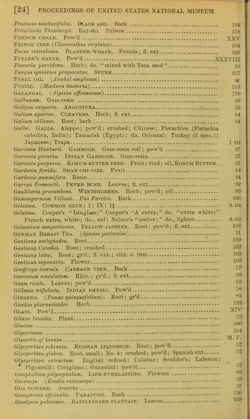 Fruxinus sambucifolia. B>lack ash. Bark 104 ' Fritallaria Thuribergii, Bai-mo. Tubers 17* FjUKSTOH chalk. Pow'd XXV Fringe tree (Chionanthus virginica) 104 Fucus resiculosus. Bladder-wrack. Fronds ; fl. ext j-20 Fuller's earth. Pow'tl XXXVIII Fumaria parviflora. Herb; do. mixed with Tora seed 10 Fun(jus igniarius prwparatus. Spunk 217 Fusel oil. (Alcohol amylicum) sjc Fustic. (Madura tinctoria) 158 Galangal. (Alpinia officinarum) 170 Galbanum. Guru-resin -u Galipea cusparia. Angustura .... : 39 Galium aparine. Cleavers. Herb; fl. ext ^4 Galium chilense. Root; herb -4 Gallw. Galls. Aleppo; pow'd; crushed; Chinese; Pistachioe (Pistachia cabulica, India); Tamarisk (Egypt); do. Oriental; Turkey (5 spec.): Japanese ; Trapa I in Garcinia Hanburii. Gamboge. Gum-resin roll; pow'd 27 Garcinia pictoria. Indian Gamboge. Gum-resin 27 Garcinia purpurea. Kokum butter tree. Fruit; rind; oil, Kokum Butter. 27 Gardenia florida. Shan-chi-tsze. Fruit r4 Gardenia gummifera. Resin -A Garrya Fremontii. Fever bush. Leaves; fl. ext Gaultheria procumbens. Wintergreen. Herb; pow'd; oil Geisoaspermum Vellosii. Pao Pareira. Bark 106 Gclalina. Common glue; 1; IX; If Am Gelatina. Cooper's Isinglass; Cooper's A extra; do. extra white; French extra, white; do., red; Nelson's amber; do., lighter A m Gelsemium sempervirens. Yellow jasmine. Root; pow'd; fl. ext 108 German Breast Tea. (Species pectorales) 31 Gentiana asclepiadea. Root Gentiana Catesbei. Root; crushed 109 Gentiana lutea. Root; gr'd; fl. ext.; elix. c. iron 109 Gentiana saponaria. Flower 109 Geoffroya inermis. Cabbage tree. Bark Geranium maculatum. Rhiz.; gr'd.; fl. ext Geum rivale. Leaves; pow'd Gillenia trifoliata. Indian physic. Pow'd Ginseng. (Panax quinquefolium). Root; gr'd Gi8ekia pharneeioides. Herb Glass. Pow'd XIV Glinu8 lotoidcs. Plant Glucose -00 Ghiccrinum M U Glyccrite of tannin 1 • Glycyrrhiza cchinata. Russian LIQUORICE. Root: pow'd Glycyrrhiza glabra. Root, small; No. 4 ; crushed ; pow'd ; Spanish cut Glycyrrhizw extractum. English refined: Calabar: Scndiler's: Labonia; _ I'ignatelli: Corigliani: Guzzolini: pow'd Cnnphnlium polycephalum. LlFE-EVERLASTlNG. Flowers Go-sin-ju. (Erodia ruta'carpa) Goa powder. Araroba - Gomphrena officinalis. PaRATUDO. Bark Goodyera pubescent. Katti.ksnake plantain. Leaves M»