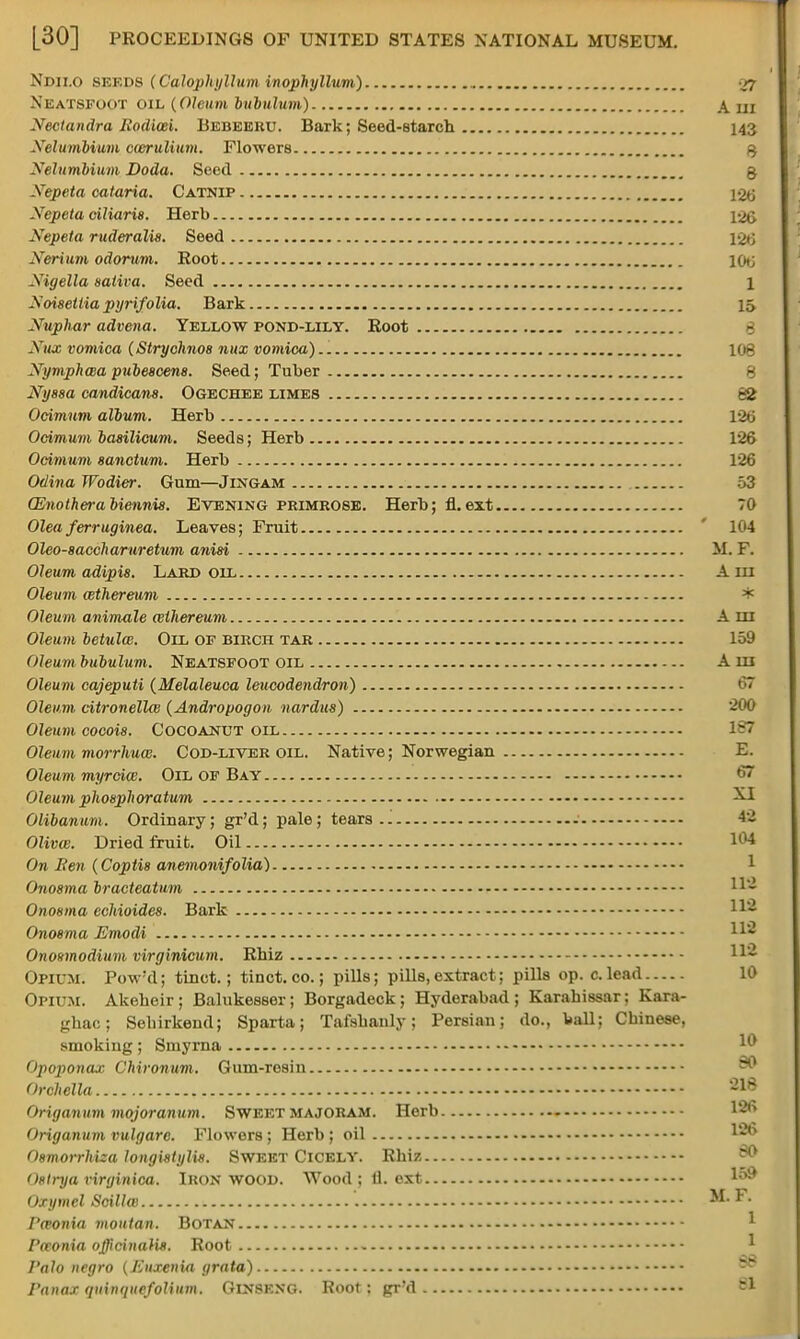 Ndii.o seeds (Calophyllum inophyllum) rj Xeatseoot oil {Oleum bubulum) A ill Xectandra Ilodiosi. Bebeeru. Bark; Seed-starch 143 Xelumbium cwrulium. Flowers g Xelumbium Doda. Seed g Xepeta cataria. Catnip iQg Xepeta ciliaris. Herb 12G Nepeta ruderalis. Seed 126 Xerium odorum. Root 100 Xigella saliva. Seed 1 Xoisettia pyrifolia. Bark 15 Xuphar advena. Yellow pond-lily. Root Nvx vomica (Strychnos nux vomica).. 108 Xymphcea pubescens. Seed; Tuber 8 Nyssa candicans. Ogechee limes -2 Ocimum album. Herb 126 Ocimum basilicum. Seeds; Herb 126 Ocimum sanctum. Herb 126 Odina Wodier. Gum—Jingam 53 Oenothera biennis. Evening primrose. Herb; fl. ext TO Olea ferruginea. Leaves; Fruit 104 Oleo-saccharuretum anisi M. F. Oleum adipis. Lard oil Am Oleum cethereum * Oleum animale athereum Am Oleum betulai. Oil of birch tar 159 Oleum bubulum. Neatsfoot oil A ill Oleum cajeputi (Melaleuca leucodendron) 67 Oleum citronellte (Andropogon nardus) 200 Oleum cocois. Cocoanut oil Oleum morrhua. Cod-liver oil. Native; Norwegian E. Oleum myrciw. Oil of Bay 67 Oleum phosphoratum XI Olibanum. Ordinary; gr'd; pale; tears - 42 Olivw. Dried fruit. Oil 104 On Ben (Coptis anemonifolia) Onosma bracteatum * Onosma echioides. Bark Onosma Emodi * Onomnodium virginicum. Rhiz Opium. Pow'dj tiuct.; tinct. co.; pills; pills, extract; pills op. c.lead 10 Opium. Akeheir; Balukesser; Borgadeck; Hyderabad; Karahissar; Kara- ghac; Selnrkend; Sparta; Tafsbanly; Persian; do., Vail; Chinese, smoking; Smyrna Opoponax Chironum. Gum-resin Orchella 08 Origanum mojoranum. Sweet majoram. Herb 12<> Origanum vulgarc. Flowers ; Herb ; oil Osmorrhiza longistylw. Sweet Cicely. Rhiz Ostrya virginica. Ikon wood. Wood ; 11. ext **** Oxymel Scillw '. M- F- I'wonia moutan. Botan I'cconia officinalis. Root Palo negro (Enxenia grata) Panax qmnquefoUum. Ginseng. Root: gr'd 81