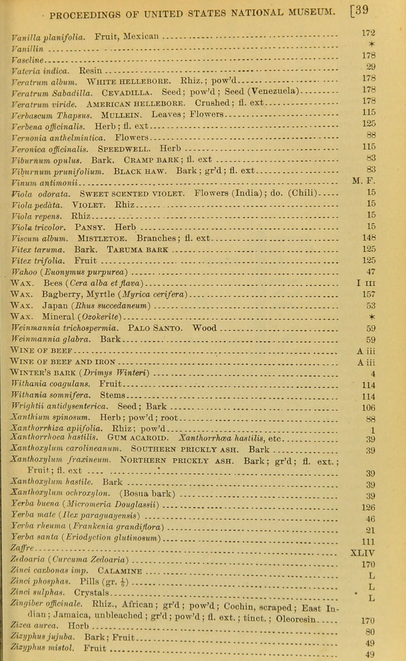 Vanilla planifolia. Fruit, Mexican * Vanillin * „ ,. 178 Vaseline Valeria indica. Resin Veratrum album. White hellebore. Rhiz.;pow'd Veratrum Sabadilla. Cevadilla. Seed; pow'd ; Seed (Venezuela) Veratrum viride. American hellebore. Crushed; fl. ext 178 Verbasowm Thapsus. Mullein. Leaves; Flowers 118 Verbena officinalis. Herb ; fl. ext 1^8 Vernonia anthclmintica. Flowers Veronica officinalis. Speedwell. Herb US Viburnum opulus. Bark. Cramp bark ; fl. ext 83 Viburnumprunifolium. Black haw. Bark ; gr'd; fl. ext 83 Vinum aniimonii M. F. Viola odorala. Sweet scented violet. Flowers (India); do. (Chili) 15 Viola pedata. Violet. Rhiz 15 Viola repen8. Rhiz 15 Viola tricolor. Pansy. Herb 15 Viscum album. Mistletoe. Branches; fl. ext 148 Vitex taruma. Bark. Taruma bark 125 Vitex trifolia. Fruit . 125 Wahoo (Euonymus puipurea) 47 Wax. Bees (Cera alba etflava) I in Wax. Bagberry, Myrtle (Myrica cerifera) 157 Wax. Japan (Rhus succedaneum) 53 Wax. Mineral (Ozokerite) * Weinmannia trichospermia. Palo Santo. Wood 59 Weinmannia glabra. Bark 59 Wine of beef A iii Wine of beef and iron A iii Winter's bark (Drimys Winteri) 4 Withania coagulans. Fruit 114 Withania somnifera. Stems 114 Wrirjhtii antidysenterica. Seed; Bark 106 Xanthium spinosum. Herb; pow'd; root 88 Xanthorrhiza apiifolia. Rhiz; pow'd 1 Xanthorrhoea hastilis. Gum acaroid. Xanthorrhcea has Mis, etc '. 39 Xanthoxylum carolineanum. Southern prickly ash. Bark 39 Xanthoxylum fraxineum. Northern prickly ash. Bark; gr'd; fl. ext.; Fruit; fl. ext ! 39 Xanthoxylum hastilc. Bark 39 Xanthoxylum odiroxylon. (Bosua bark) 39 Yerba buena (Micromeria Douglassii) jog Terba mate (Ilexparaguayensis) 4(- Yerba rheuma (Frankenia grandijlora) 01 Yerba santa (Eriodyotion glutinosum) Zaffre XLIV Ztdoaria (Curcuma Zedoaria) ^.^ Zinci carJionas imp. Calamine ^ Zinci phosphas. Pills (gr. £) ^ Zinci sulphas. Crystals • ^ Zingiber officinale. Rhiz., African; gr'd; pow'd; Cochin, scraped; EastIn- dian ; Jamaica, unbleached ; gr'd; pow'd; fl. ext.; tinct.; Oleoresin 170 Zizea aurea. Horb ...... .... .... .... .... ...... .... Zizyphusjujuba. Bark; Fruit Zizyphus mistol. Fruit 49
