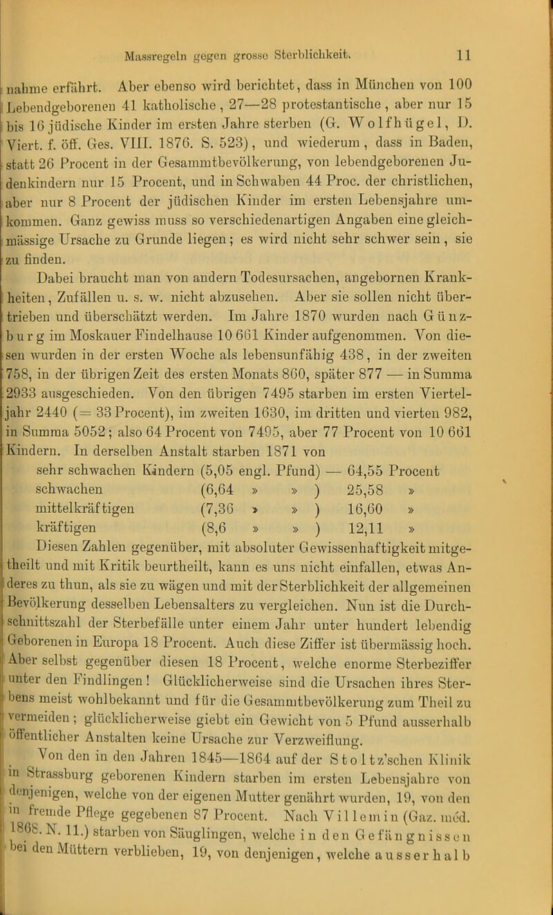 nähme erfährt. Aber ebenso wird berichtet, class in München von 100 Lebendgeborenen 41 katholische , 27—28 protestantische , aber nur 1 5 bis 16 jüdische Kinder im ersten Jahre sterben (G. Wolfhügel, 1). Viert, f. öff. Ges. VIII. 1876. S. 523), und wiederum, dass in Baden, statt 26 Procent in der Gesammtbevölkerung, von lebendgeborenen Ju- denkindern nur 15 Procent, und in Schwaben 44 Proc. der christlichen, aber nur 8 Procent der jüdischen Kinder im ersten Lebensjahre um- kommen. Ganz gewiss mnss so verschiedenartigen Angaben eine gleich- massige Ursache zu Grunde liegen; es wird nicht sehr schwer sein, sie zu finden. Dabei braucht man von andern Todesursachen, angebornen Krank- heiten, Zufällen u. s. w. nicht abzusehen. Aber sie sollen nicht über- trieben und überschätzt werden. Im Jahre 1870 wurden nach Günz- b u r g im Moskauer Pindelhause 10 661 Kinder aufgenommen. Von die- sen wurden in der ersten Woche als lebensunfähig 438, in der zweiten 758, in der übrigen Zeit des ersten Monats 860, später 877 — in Summa 2933 ausgeschieden. Von den übrigen 7495 starben im ersten Viertel- jahr 2440 (= 33 Procent), im zweiten 1630, im dritten und vierten 982, in Summa 5052; also 64 Procent von 7495, aber 77 Procent von 10 661 Kindern. In derselben Anstalt starben 1871 von sehr schwachen Kindern (5,05 engl. Pfund) — 64,55 Procent schwachen (6,64 » » ) 25,58 » mittelkräftigen (7,30 » » ) 10,00 » kräftigen (8,0 » » ) 12,11 » Diesen Zahlen gegenüber, mit absoluter Gewissenhaftigkeit mitge- theilt und mit Kritik beurtheilt, kann es uns nicht einfallen, etwas An- deres zu thun, als sie zu wägen und mit der Sterblichkeit der allgemeinen Bevölkerung desselben Lebensalters zu vergleichen. Nun ist die Durch- schnittszahl der Sterbefälle unter einem Jahr unter hundert lebendig Geborenen in Europa 18 Procent. Auch diese Ziffer ist übermässig hoch. Aber selbst gegenüber diesen 18 Procent, welche enorme Sterbeziffer unter den Findlingen ! Glücklicherweise sind die Ursachen ihres Ster- bens meist wohlbekannt und für die Gesammtbevölkerung zum Theil zu vermeiden ; glücklicherweise giebt ein Gewicht von 5 Pfund ausserhalb öffentlicher Anstalten keine Ursache zur Verzweiflung. Von den in den Jahren 1845—1804 auf der Stöltz'schen Klinik in Strassburg geborenen Kindern starben im ersten Lebensjahre von denjenigen, welche von der eigenen Mutter genährt wurden, 19, von den m fremde Pflege gegebenen 87 Procent. Nach V i 11 ein i n (Gaz. med. l80b.N. 11.) starben von Säuglingen, welche in den Gefängnissen bei den Müttern verblieben, 19, von denjenigen, welche ausserhalb