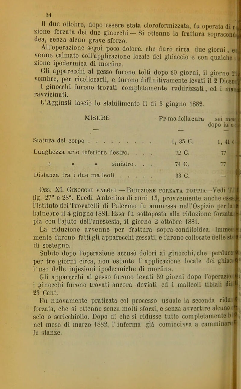 Il due ottobre, dopo essere stata cloroformizzata, fu operata di r zioiie forzata dei due ginocchi—Si ottenne la frattura sopracon dea, senza alcun grave sforzo. All'operazione seguì poco dolore, che durò circa due giorni, e venne calmato coll'applicazione locale del ghiaccio e con qualche zione ipodermica di morfina. Gli apparecchi al gesso furono tolti dopo 30 giorni, il giorno 'i vembre, per ricollocarli, e furono diffìnitivaniente levati il 2 Dicem I ginocchi furono trovati completamente raddrizzali, ed i mai ravvicinati. L'Aggiusti lasciò lo stabilimento il di 5 giugno 1882. MISURE Prlmadeliacura sei me» dopo la c< Statura del corpo Lunghezza arie inferiore deslro. sinistro. Distanza fra i due malleoli 1, 35 C. 72 C. 74 C. 33 C. 1, 41 ( 77 Oss. XI, Ginocchi valghi — Riduzione forzata doppia—Vedi T.' lig. 27* e 28. Eredi Antonina di anni 15, provrenienle anche es l'Istituto dei Trovatelli di Palermo fu ammessa nell'Ospizio perlai balneare il 4 giugno ISSI. Essa fu sottoposta alla riduzione forzata^ pia con l'ajuto dell'anestesia, il giorno 2 ottobre ISSI. La riduzione avvenne per frattura sopra-condiloidea. Iinmecj mente furono fatti gli apparecchi gessati, e furono collocate delle sì di sostegno. Subito dopo l'operazione accusò dolori ai ginocchi, che perdu per tre giorni circa, non ostante 1' applicazione locale dei gliia l'uso delle injezioni ipodermiche di morfina. Gli apparecchi al gesso furono levati oO giorni dopo l'operazio i ginocchi furono trovati ancora deviati ed i malleoli tibiali dit 23 Cent. Fu nuovamente praticata col processo usuale la seconda ridu: forzala, che si ottenne senza molti sforzi, e senza avvertire alcuno scio 0 scricchiolio. Dopo di elicsi ridusse tutto completamenteb nel mese di marzo 1882, l'inferma già cominciiva a camniiuan Je stanze.