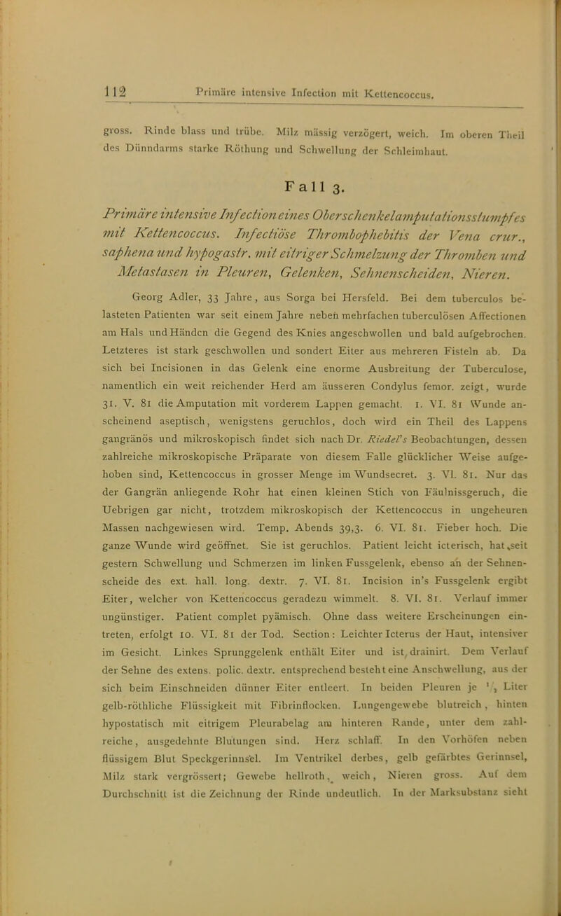 gross. Rinde blass und trübe. Milz müssig verzögert, weich. Im oberen Theil des Dünndarms starke Rötlning und Schwellung der Schleimhaut. Fall 3. Primäre intensive Infedion eines Oberschenkelamputatiojissiumpfes mit Kettencoccus. Infectiöse Thrombophebitis der Vena crur., saphena und hypogastr. mit eitriger Schmelzung der Thromben und Metastasen in Pleuren, Gelenken, Sehnenscheiden, Nieren. Georg Adler, 33 Jahre, aus Sorga bei Hersfeld. Bei dem tuberculos be- lasteten Patienten war seit einem Jahre nebeii mehrfachen tuberculösen Affectionen am Hals und Händen die Gegend des Knies angeschwollen und bald aufgebrochen. Letzteres ist stark geschwollen und sondert Eiter aus mehreren Fisteln ab. Da sich bei Incisionen in das Gelenk eine enorme Ausbreitung der Tuberculose, namentlich ein weit reichender Herd am äusseren Condylus femor. zeigt, wurde 31. V. 81 die Amputation mit vorderem Lappen gemacht. I. VI. 81 Wunde an- scheinend aseptisch, wenigstens geruchlos, doch wird ein Theil des Lappens gangränös und mikroskopisch findet sich nach Dr. RiedeVs Beobachtungen, dessen zahlreiche mikroskopische Präparate von diesem Falle glücklicher Weise aufge- hoben sind, Kettencoccus in grosser Menge im Wundsecret. 3. VI. 81. Nur das der Gangrän anliegende Rohr hat einen kleinen Stich von Fäulnissgeruch, die Uebrigen gar nicht, trotzdem mikroskopisch der Kettencoccus in ungeheuren Massen nachgewiesen wird. Temp. Abends 39,3. 6. VI. 81. Fieber hoch. Die ganze Wunde wird geöffnet. Sie ist geruchlos. Patient leicht icterisch, hat «seit gestern Schwellung und Schmerzen im linken Fussgelenk, ebenso ah der Sehnen- scheide des ext. hall. long, dextr. 7. VI. 81. Incision in's Fussgelenk ergibt Eiter, welcher von Kettencoccus geradezu wimmelt. 8. VI. 81. Verlauf immer ungünstiger. Patient complet pyämisch. Ohne dass weitere Erscheinungen ein- treten, erfolgt 10. VI. 81 der Tod. Section: Leichter Icterus der Haut, intensiver im Gesicht. Linkes Sprunggelenk enthält Eiter und ist, drainirt. Dem Verlauf der Sehne des extens. polic. dextr. entsprechend besteht eine Anschwellung, aus der sich beim Einschneiden dünner Eiter entleert. In beiden Pleuren je ' , Liter gelb-röthliche Flüssigkeit mit Fibrinflocken. Lungengewebe blutreich , hinten hypostatisch mit eitrigem Pleurabelag am hinteren Rande, unter dem zahl- reiche, ausgedehnte Blutungen sind. Herz schlaff. In den Vorhöfen neben flüssigem Blut Speckgerinusel. Im Ventrikel derbes, gelb gefärbtes Gerinnsel, Milz stark vergrösserl; Gewebe hellrothweich, Nieren gross. Auf dem Durchschnitt ist die Zeichnung der Rinde undeutlich. In der Marksubstanz sieht