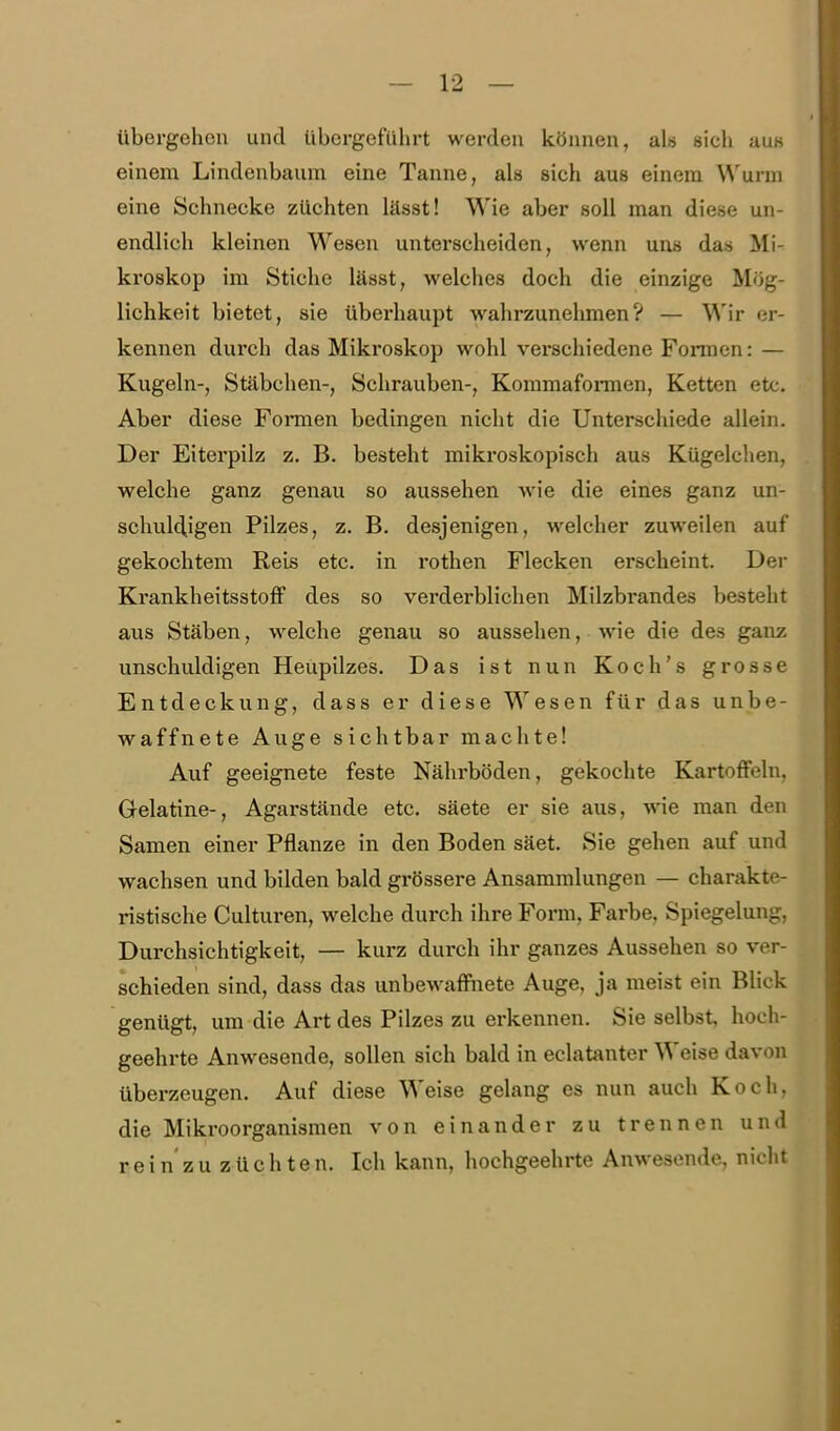 übergehen und übergeführt werden können, aU sich uuk einem Lindenbaum eine Tanne, als sich aus einem Wurm eine Schnecke züchten lässt! Wie aber soll man diese un- endlich kleinen Wesen unterscheiden, wenn uns das Mi- kroskop im Sticlie lässt, welches doch die einzige Mög- lichkeit bietet, sie überhaupt wahrzunehmen? — Wir er- kennen durch das Miki'oskop wohl verschiedene Formen: — Kugeln-, Stäbchen-, Schrauben-, Kommaformen, Ketten etc. Aber diese Fonnen bedingen nicht die Unterschiede allein. Der Eiterpilz z. B. besteht mikroskopisch aus Kügelclien, welche ganz genau so aussehen wie die eines ganz un- schuldigen Pilzes, z. B. desjenigen, welcher zuweilen auf gekochtem Reis etc. in rothen Flecken erscheint. Der KrankheitsstofF des so vei'derblichen Milzbrandes besteht aus Stäben, welche genau so aussehen, wie die des ganz unschuldigen Heupilzes, Das ist nun Koch's grosse Entdeckung, dass er diese Wesen für das unbe- waffnete Auge sichtbar machte! Auf geeignete feste Nährböden, gekochte Kartoflfeln, Gelatine-, Agarstände etc. säete er sie aus, wie man den Samen einer Pflanze in den Boden säet. Sie gehen auf und wachsen und bilden bald grössere Ansammlungen — charakte- ristische Culturen, welche durch ihre Form, Farbe, Spiegelung, Durchsichtigkeit, — kurz durch ihr ganzes Aussehen so ver- schieden sind, dass das unbewaffnete Auge, ja meist ein Blick genügt, um die Art des Pilzes zu erkennen. Sie selbst, hoch- geehrte Anwesende, sollen sich bald in eclatanter Weise davon überzeugen. Auf diese Weise gelang es nun auch Koch, die Mikroorganismen von einander zu trennen und rein'zu züchten. Ich kann, hochgeehrte Anwesende, nicht