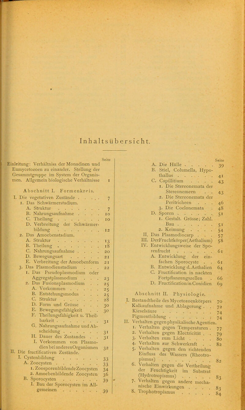 Inhaltsübersicht. Seite Einleitung: Verhältniss der Monadinen und Eumycetozoen zu einander. Stellung der Gesammtgruppe im System der Organis- men. Allgemein biologische Verhältnisse i Abschnitt I. Formenkreis. I. Die vegetativen Zustände ..... 7 1. Das Schwärmersfadium. A. Struktur 7 B. Nahrungsaufnahme . . . . 10 C. Theilung 10 D. Verbreitung der Schwärmer- bildung 12 2. Das Amoebenstadium. A. Struktur 13 B. Theilung 18 C. Nahrungsaufnahme .... 20 D. Bewegungsart 21 E. Verbreitung der Amoebenform 21 3. Das Plasmodienstadium ... 22 1. Das Pseudoplasmodium oder Aggregatplasmodium ... 23 2. Das Fusionsplasmodium . . 25 A. Vorkommen 25 B. Entstehungsmodus . . . 25 C. Struktur 28 D. Form und Grösse ... 30 E. Bewegungsfähigkeit . . 30 F. TheiUingsfähigkeit u. Theil- barkeit 31 G. Nahrungsaufnahme und Ab- scheidung 31 H. Dauer des Zustandes . . 31 I. Vorkommen von Plasmo- dien bei anderenOrganismen 32 II. Die fructificativcn Zustände. I. Cystenbildung 33 A. Zoocysten 33 I. ZoosporenbildendeZoocysten 34 2. Amoebenbildende Zoocysten 36 B. Sporocysten 3g 1. Bau der Sporocysten im All- gemeinen 3g Seite A. Die Hülle 39 B. Stiel, Columella, Hypo- thallus 41 C. Capillitium .... 43 1. Die Stereonemata der Stereonemeen . . 43 2. Die Stereonemata der Peritricheen ... 46 3. Die Coelonemata . 48 D. Sporen 51 1. Gestalt. Grösse; Zahl. Bau 51 2. Keimung .... 54 II. Das Plasmodiocarp . . . 57 III. DerFruchtkörper(Aethalium) 58 IV. Entwicklungsweise der Spo- renfrucht 61 A. Entwicklung der ein- fachen Sporocyste . . 61 B. Entwicklung d.Aethalien 64 C. Fructification in nackten Fortpflanzungszellen . 66 D. Fructification in Conidien 69 Abschnitt II. Physiologie. I. Bestandtheile des Mycetozoenkörpers 70 Kalkaufnahme und Ablagerung . . 72 Kieselsäure 74 Pigmentbildung •74 II. Verhalten gegen physikalische Agenden. 1. Verhalten gegen Temperaturen . 77 2. Verhalten gegen Electricität . . 79 3. Verhalten zum Licht .... 80 4. Verhalten zur Schwerkraft . . 82 5. Verhalten gegen den richtenden Einfluss des Wassers (Rheotro- pismus) g2 6. Verhalten gegen die Vcrtheilung der Feuchtigkeit im Substrat (Ilydrotropismus) 83 7. Verhalten gegen andere mecha- nische Einwirkungen .... 83 8. Trophotropismus g^^