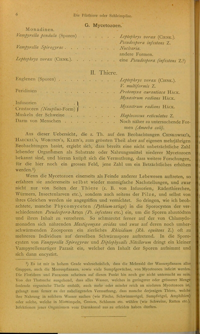 G, Mycetozoen. Mo nadinen. Vainpyrella pendula (Sporen) Leptophrys vorax (Cienk.). Psetidospora in/estans Z. Vampyrellii Spirogyrne Nuclcaria. andere Formen. Leptophrys vorax (Ciknk.). ....... eine Pseiidospora (in/estans Z.r) II. Thiere. Euglenen (Sporen) Leptophrys vorax (Cienk.). V. multiformis Z. Peridniien Protoniyxa aurantiaca Hack. Myxastrum radians Häck. Infusorien | Crustaceen (Nauplius-Yoxm) ]Myxastrum radians Häck. Muskeln der Schweine Haplococcus reticulatus Z. Darm von Menschen Noch näher zu untersuchende For- men (Amoeba coli). Aus dieser Uebersicht, die z. Th. auf den Beobachtungen Cienkowski's, Haeckel's, Woronin's, Klein's, zum grössten Theil aber auf eigenen mehrjährigen Beobachtungen basirt, ergiebt sich, dass bereits eine nicht unbeträchüiche Zahl lebender Organismen als Substrate oder Nahrungsmittel niederer Mycetozoen bekannt sind, und hieran knüpft sich die Vermuthung, dass weitere Forschungen, für die hier noch ein grosses Feld, jene Zahl um ein Beträchtliches erhöhen werden. 1) Wenn die Mycetozoen einerseits als Feinde anderer Lebewesen auftreten, so erfahren sie andererseits selbst wieder mannigfache Nachstellungen, und zwar nicht nur von Seiten der Thiere (z. B. von Infusorien, Räderthierchen, Würmern, Insectenlarven etc.), sondern auch seitens der Pilze, und selbst von ihres Gleichen werden sie angegriffen und vernichtet. So dringen, wie ich beob- achtete, manche Phycomyceten (Pythium-^x\kg€) in die Sporocysten der ver- schiedensten Psetidospora-hxiitxi (Ps. in/estans etc.) ein, um die Sporen abzutödten und ihren Inhalt zu verzehren. So schmarotzt ferner auf der von Chlamydo- monaden sich nährenden Mastigomyxa avidaz und zwar auf deren noch umher- schwärmenden Zoosporen ein zierliches Rhizidiuni (Rh. cquitans Z.) oft zu mehreren Individuen auf derselben Schwärmspore auftretend. In die Sporo- cysten von Vanipyrella Spirogyrae und Diplophysalls Nitellaruni dringt ein kleiner Vampyrellenartiger Parasit ein, welcher den Inhalt der Sporen aufnimmt und sich dann encystirt. ') Es ist mir in hohem Grade wahrscheinlich, dass die Mehrzahl der Wasserpflanzen aller Gruppen, auch die Meerespflanzen, soNvie viele Sumpfgewächse, von Mycetozoen inficirt werden. Die Florideen und Fucaceen scheinen auf diesen Punkt hin noch gar nicht untersucht tu sein. Von der Thatsachc ausgehend, dass alles Wasser, welches in geringerer oder grösserer Menge faulende organische Theile enthält, auch mehr oder minder reich an niederen Mycetozoen ist, gelangt man ferner zu der naheliegenden Vermuthung, dass manche derjenigen Thiere, welche ihre Nahrung in solchem Wasser suchen (wie Fische, Schwimmvögel, Sumpfvögel, Amphibien) oder solciie, welclie in Misttlimpcln, Gossen, Schlamm etc. wühlen (wie Schweine, Ratten etc.), Infektionen jener Organismen vom Darmkanal aus zu erleiden haben durften.