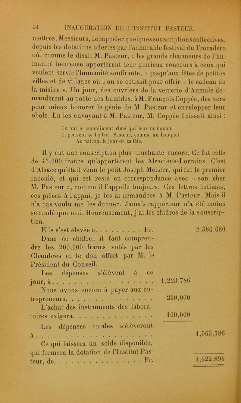 mettrez, Messieurs, de rappeler quelques souscriplions collectives, depuis les dotations oiïerles par l'admirable feslival du Trocadéro oii, comme le disait M. Pasteur, « les grands charmeurs de l'hu- manité heureuse apportèrent leur glorieux concours à ceux qui veulent servir l'humanité souiïranle, » jusqu'aux fêtes de petites villes et de villages où l'on se cotisait pour offrir « le cadeau de la misère ». Un jour, des ouvriers de la verrerie d'Aumale de- mandèrent au poète des humbles, àM. François Coppée, des vers pour mieux honorer le génie de M. Pasteur et envelopper leur obole. En les envoyant à M. Pasteur, M. Coppée finissait ainsi : Ils ont le compliment rimé qui leur manquait Et peuvent te l'ofFrir, Pasteur, comme un bouquet Au patron, le jour de sa fête. Il y eut une souscription plus touchante encore. Ce fut celle de 43,000 francs qu'apportèrent les Alsaciens-Lorrains. C'est d'Alsace qu'était venu le petit Joseph Meister, qui fut le premier inoculé, et qui est resté en correspondance avec « son cher M. Pasteur », comme il l'appelle toujours. Ces lettres intimes, ces pièces à l'appui, je les ai demandées à M. Pasteur. Mais il n'a pas voulu me les donner. Jamais rapporteur n'a été moins secondé que moi. Heureusement, j'ai les chiffres de la souscrip- tion. Elle s'est élevée à Fr. 2,586,680 Dans ce chiffre, il faut compren- dre les 200,000 francs votés par les Chambres et le don offert par M. le Président du Conseil. Les dépenses s'élèvent à ce jour, à 1,223,786 Nous avons encore à payer aux en- trepreneurs 240,000 L'achat des instruments des labora- toires exig-era 100,000 Les dépenses totales s'élèveront ^ 1,563,786 Ce qui laissera un solde disponible, qui formera la dotation de l'Institut Pas-