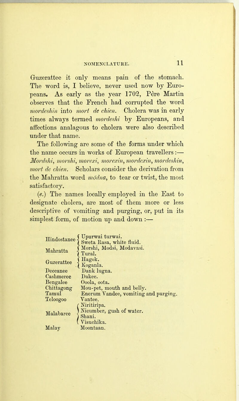 Guzerattee it only means pain of the stomach. The word is, I believe, never used now by Euro- peans. As early as the year 1702, Pere Martin observes that the French had corrupted the word mordeshin into mort de chien. Cholera was in early times always termed mordeshi by Europeans, and affections analagous to cholera were also described under that name. The following are some of the forms under which the name occurs in works of European travellers :— Mordshi, morshi, morexi, morexin, mordexin, mordeshin, mort de chien. Scholars consider the derivation from the Mahratta word modna, to tear or twist, the most satisfactory. (e.) The names locally employed in the East to designate cholera, are most of them more or less descriptive of vomiting and purging, or, put in its simplest form, of motion up and down :— nindostanee Mahratta Guzerattee Deccanee Cashmeree Bengalee Chittagong Tamul Teloogoo Malabaree Malay Upurwai turwai. Sweta Rasa, white fluid. Morshi, Modsi, Modavasi. Tural. Hagok. Koganla. Dank lugna. Dakee. Ooola, oota. Mou-pet, mouth and belly. Enerum Vandee, vomiting and purging. Vantee. Niritiripa. Nicumber, gush of water. Shani. Yisuchika. Moontaan.
