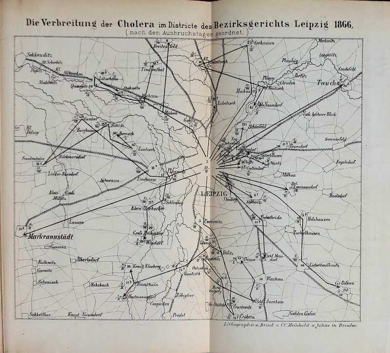 Die Verbreitung der Cholera imDistricte des Bezirksgerichts Leipzig 18G6, ( nach den Ausbruchsta£en geordnet. )