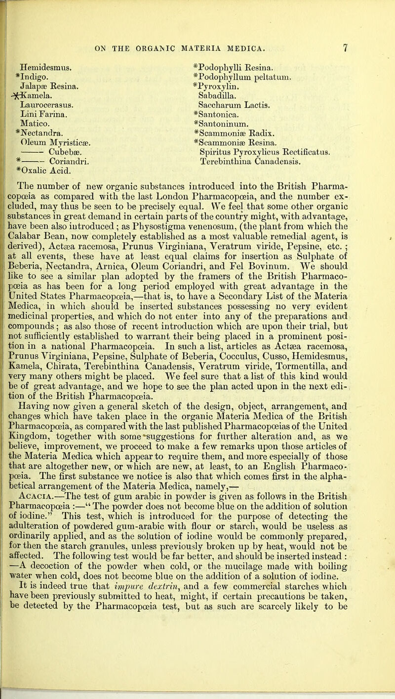 |, Hemidesmvis. *Indigo. Jalapae Eesina. •^^^amela. Lavirocerasus. Lini Farina. Matico. *Nectandra. Oleum Myristicse. Cubebse. * Coriandri. *Oxalic Acid. The number of new organic substances introduced into the British Pharma- j copoeia as compared with the last London Pharmacopoeia, and the number ex- I eluded, may thus be seen to be precisely equal. We feel that some other organic substances in great demand in certain parts of the country might, with advantage, have been also introduced ; as Physostigma venenosum, (the plant from which the Calabar Bean, now completely established as a most valuable remedial agent, is derived), Actaja racemosa, Prunus Virginiana, Veratrum viride, Pepsine, etc. ; at all events, these have at least equal claims for insertion as Sulphate of Beberia, Nectandra, Arnica, Oleum Coriandri, and Pel Bovinum. We should like to see a similar plan adopted by the framers of the British Pharmaco- poeia as has been for a long period employed with great advantage in the United States Pharmacopceia,—that is, to have a Secondary List of the Materia Medica, in which should be inserted substances possessing no very evident medicinal properties, and which do not enter into any of the preparations and compounds ; as also those of recent introduction which are upon their trial, but not sufficiently established to warrant their being placed in a prominent posi- tion in a national Pharmacopoeia. In such a list, articles as Actsea racemosa, Prunus Virginiana, Pepsine, Sulphate of Beberia, Cocculus, Cusso, Hemidesmus, Kamela, Chirata, Terebinthina Canadensis, Veratrum viride, Tormentilla, and very many others might be placed. We feel sure that a list of this kind would be of great advantage, and we hope to see the plan acted upon in the next edi- tion of the British Pharmacopoeia. Having now given a general sketch of the design, object, arrangement, and changes which have taken place in the organic Materia Medica of the British Pharmacopoeia, as compared with the last published Pharmacopoeias of the United Kingdom, together with some suggestions for further alteration and, as we believe, improvement, we proceed to make a few remarks upon those articles of the Materia Medica which appear to require them, and more especially of those that are altogether new, or which are new, at least, to an English Pharmaco- poeia. The first substance we notice is also that which comes first in the alpha- betical arrangement of the Materia Medica, namely,— Acacia.—The test of gum arable in powder is given as follows in the British Pharmacopceia :— The powder does not become blue on the addition of solution of iodine. This test, which is introduced for the purpose of detecting the adulteration of powdered gum-arabic with flour or starch, would be useless as ordinarily applied, and as the solution of iodine would be commonly prepared, for then the starch granules, unless previously broken up by heat, would not be affected. The following test would be far better, and should be inserted instead : —A decoction of the powder when cold, or the mucilage made with boiling water when cold, does not become blue on the addition of a solution of iodine. It is indeed true that impure dextrin, and a few commercial starches which have been previously submitted to heat, might, if certain precautions be taken, be detected by the Pharmacopoeia test, but as such are scarcely likely to be *Podophylli Eesina. *PodophyUum peltatum. *Pyroxylin. Sabadilla. Saccliarum Lactis. *Santonica. *Santoninum. *Scammoniae Radix. *Scammoni8B Eesina. Spiritus Pyroxyficus Eeetificatus. Terebinthina Canadensis.