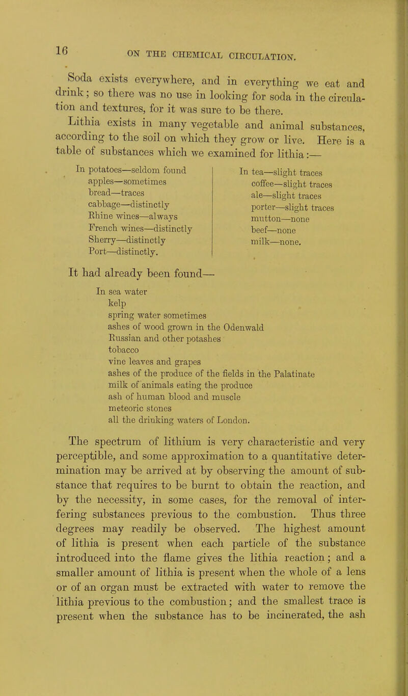 Soda exists everywhere, and in everything we eat and drink; so there was no use in looking for soda in the circula- tion and textures, for it was sure to be there. Lithia exists in many vegetable and animal substances, according to the soil on which they grow or live. Here is a table of substances which we examined for lithia: In tea—slight traces coffee—slight traces ale—slight traces porter—slight traces mutton—none beef—none milk—none. In potatoes—seldom found apples—sometimes bread—traces cabbage—distinctly Rhine wines—always French wines—distinctly Sherry—distinctly Port—distinctly. It had already been found— In sea water kelp spring water sometimes ashes of wood grown in the Odenwald Russian and other potashes tobacco vine leaves and grapes ashes of the produce of the fields in the Palatinate milk of animals eating the produce ash of human blood and muscle meteoric stones all the drinking waters of London. The spectrum of lithium is very characteristic and very perceptible, and some approximation to a quantitative deter- mination may be arrived at by observing the amount of sub- stance that requires to be burnt to obtain the reaction, and by the necessity, in some cases, for the removal of inter- fering substances previous to the combustion. Tims three degrees may readily be observed. The highest amount of lithia is present when each particle of the substance introduced into the flame gives the lithia reaction; and a smaller amount of lithia is present when the whole of a lens or of an organ must be extracted with water to remove the lithia previous to the combustion; and the smallest trace is present when the substance has to be incinerated, the ash