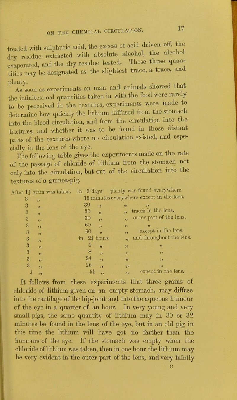 treated with sulphuric acid, the excess of acid dnven off, the dry residue extracted with absolute alcohol, the alcohol evaporated, and the dry residue tested. These three quan- tities may be designated as the slightest trace, a trace, and aTsoou as experiments on man and animals showed that the infinitesimal quantities taken in Aviththe food were rarely to be perceived in the textures, experiments were made to determine how quickly the lithium diffused from the stomach into the blood circulation, and from the circulation into the textures, and whether it was to be found in those distant parts of the textures where no circulation existed, and espe- cially in the lens of the eye. The followmg table gives the experiments made on the rate of the passage of chloride of lithium from the stomach not only into the chculation, but out of the circulation into the textures of a guinea-pig. After U grain was taken. In 3 days plenty was fonnd everywhere. 3 15 minutes everywhere except in the lens. 3 „ 30 „ 3 30 „ „ traces in the lens. 3 30 „ „ outer part of the lens. 3 „ 60 „ 3 60 „ „ except in the lens. 3 in 2i hours „ and throughout the lens. 3 4 » 3 8 „ » 3 „ 24 „ „ „ 3 „ 26 „ ,) >j ^ „ 5i „ „ except in the lens. It follows from these experiments that three grains of chloride of lithium given on an empty stomach, may diffuse into the cartilage of the hip-joint and into the aqueous humour of the eye in a quarter of an hour. In very young and very small pigs, the same quantity of lithium may in 30 or 32 minutes be found in the lens of the eye, but in an old pig in this time the lithium will have got no farther than the humours of the eye. If the stomach was empty when the chloride of lithium was taken, then in one hour the lithium may be veiy evident in the outer part of the lens, and very faintly c