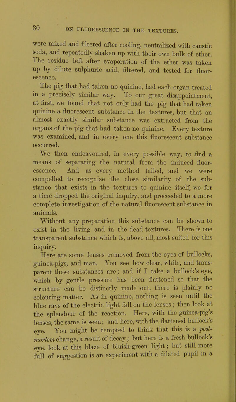 were mixed and filtered after cooling, neutralized with caustic soda, and repeatedly shaken up with their own bulk of ether. The residue left after evaporation of the ether was taken up by dilute sulphuric acid, filtered, and tested for fluor- escence. The pig that had taken no quinine, had each organ treated in a precisely similar way. To our great disappointment, at first, we found that not only had the pig that had taken quinine a fluorescent substance in the textures, but that an almost exactly similar substance was extracted from the organs of the pig that had taken no quinine. Every texture was examined, and in every one this fluorescent substance occurred. We then endeavoured, in every possible way, to find a means of separating the natural from the induced fluor- escence. And as every method failed, and we were compelled to recognize the close similarity of the sub- stance that exists in the textures to quinine itself, we for a time dropped the original inquiry, and proceeded to a more complete investigation of the natural fluorescent substance in animals. Without any preparation this substance can be shown to exist in the living and in the dead textures. There is one transparent substance which is, above all, most suited for this inquiry. Here are some lenses removed from the eyes of bullocks, guinea-pigs, and man. You see how clear, white, and trans- parent these substances are; and if I take a bullock's eye, which by gentle pressure has been flattened so that the structure can be distinctly made out, there is plainly no colouring matter. As in quinine, nothing is seen until the blue rays of the electric light fall on the lenses ; then look at the splendour of the reaction. Here, with the guinea-pig's lenses, the same is seen; and here, with the flattened bullock's eye. You might be tempted to think that this is a post- mortem change, a result of decay; but here is a fresh bullock's eye, look at this blaze of bluish-green light; but still more full of suggestion is an experiment with a dilated pupil in a