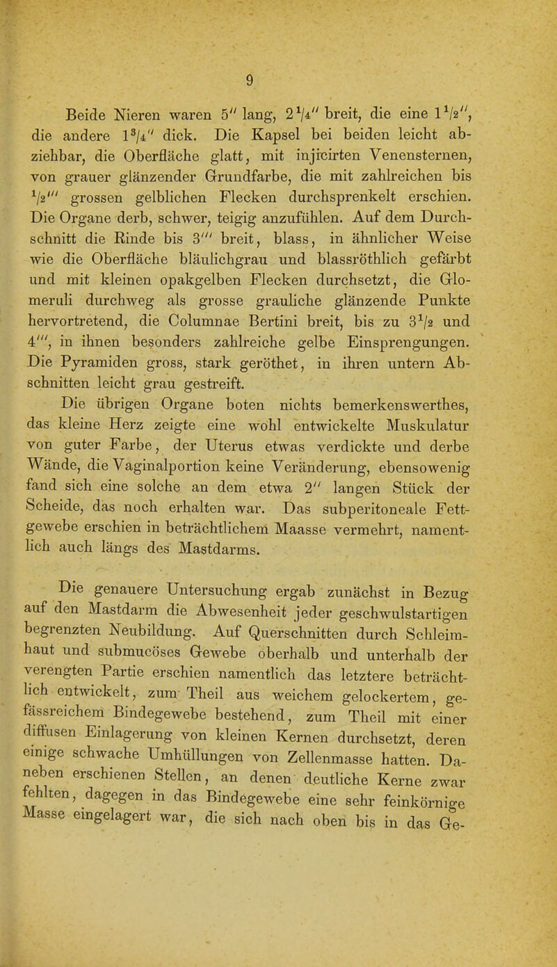 Beide Nieren waren 5 lang, 2 V^ breit, die eine IV2, die andere l^/d dick. Die Kapsel bei beiden leicht ab- ziehbar, die Oberfläche glatt, mit injitiirten Venensternen, von grauer glänzender Grundfarbe, die mit zahlreichen bis grossen gelblichen Flecken durchsprenkelt erschien. Die Organe derb, schwer, teigig anzufühlen. Auf dem Durch- schnitt die Rinde bis 3' breit, blass, in ähnlicher Weise wie die Oberfläche bläulichgrau und blassröthlich gefärbt und mit kleinen opakgelben Flecken durchsetzt, die Grlo- meruli durchweg als grosse grauliche glänzende Punkte hervortretend, die Columnae Bertini breit, bis zu 8^/2 und 4', in ihnen besonders zahlreiche gelbe Einsprengungen. Die Pyramiden gross, stark geröthet, in ihren untern Ab- schnitten leicht grau gestreift. Die übrigen Organe boten nichts bemerkenswerthes, das kleine Herz zeigte eine wohl entwickelte Muskulatur von guter Farbe, der Uterus etwas verdickte und derbe Wände, die Vaginalportion keine Veränderung, ebensowenig fand sich eine solche an dem etwa 2 langen Stück der Scheide, das noch erhalten war. Das subperitoneale Fett- gewebe erschien in beträchtlichem Maasse vermehrt, nament- lich auch längs des Mastdarms. Die genauere Untersuchung ergab zunächst in Bezug auf den Mastdarm die Abwesenheit jeder geschwulstartigen begrenzten Neubildung. Auf Querschnitten durch Schleim- haut und submucöses Grewebe oberhalb und unterhalb der verengten Partie erschien namentlich das letztere beträcht- lich entwickelt, zum Theil aus weichem gelockertem, ge- fässreichem Bindegewebe bestehend, zum Theil mit einer diffusen Einlagerung von kleinen Kernen durchsetzt, deren einige schwache Umhüllungen von Zellenmasse hatten. Da- neben erschienen Stellen, an denen deutliche Kerne zwar fehlten, dagegen in das Bindegewebe eine sehr feinkörnige Masse emgelagert war, die sich nach oben bis in das Ge-