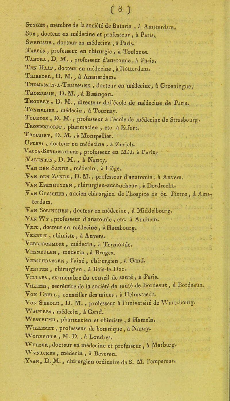 Stygbr , membre de la société de Batavia , à Amsterdam. Sue , docteur eu médecine et professeur, à Paris* SwEDiAUR, docteur en médecine , à Paris. Tahbès , professeur en chirurgie , à Toulouse. Tartra, D. M, , professeur d’anatomie, à Paris, Tbn Haae , docteur en médecine, à Rotterdam. Thieboel, D. M. , à Amsterdam. Thomassen-a-Thüessiitk , docteur en médecine, à Groeningue. iThomassikt, d. m. , â Besançon. Thoüret , D. M., directeur de l’école de médecine de Paris, Tonnelier , médecin , à Tournay. Tourdes , JD. M., professeur à l’école de médecine de Strasbourg. Trommsdobee , pharmacien , etc. à Erfurt. Trousset, d. m. , à Montpellier. UsTERi , docteur eu médecine , à Zurich. Vacca-Berlinghieri , professeur en Med. à Ta vie.' Valentin , D. M. , â Nancy, Van den Sande , médecin , à Liège. Van den Zande, D. M., professeur d’anatomie , à Anvers. Van Epenhüyzen , chirurgien-accoucheur , à Dordrecht. Van Gesscher, ancien chirurgien de l’hospice de St. Pierre , â Am* terdam. Van Solinghbn , docteur en médecine, â Middelbourg. Van Wy , professeur d'anatomie , etc. à Arnhem. Veit , docreur en médecine , à Hambourg. ^Verbeit , chimiste, à Anvers. Verberckmoes , médecin, à Termonde. Vermeulen , médecin , â Bruges. Verschraegen , l’aîné , chirurgien , à Gand. Verster , chirurgien , â Bois-le-Duc. ViLLARs, ex-membre du conseil de santé , à Paris, ViLLERs, secrétaire de la société de santé de Bordeaux, â Bordeaux. Von Crell , conseiller des mines , à Helmstaedt. Von Siebold , D. M. , professeur à l'université de Wurtzbourg. Wautees , médecin, à Gand. Westrumb , pharmacien et chimiste , à Hameln. Willemet , professeur de botanique , à Nancy. WODEVILLE , M. D., à Londres. WuRzER,docteur en médecine et professeur, à Marburg. Wynacker , médecin , à Beveren. iYvan, d. m. , chirurgien ordinaire de S. M. l’empereur.