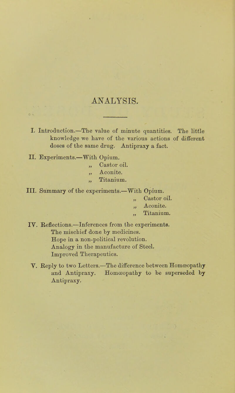 ANALYSIS. I. Introduction.—The value of minute quantities. The little knowledge we have of the various actions of different doses of the same drug. Antipraxy a fact. n. Experiments.—With Opium. „ Castor oil. „ Aconite. „ Titanium. III. Summary of the experiments.—With Opium. „ Castor oil. „ Aconite. „ Titanium. ly. Reflections.—Inferences from the experiments. The mischief done by medicines. Hope in a non-political revolution. Analogy in the manufacture of Steel. Improved Therapeutics. V. Reply to two Letters.—The difference between Homoeopathy and Antipraxy. Homoeopathy to be superseded by Antipraxy.