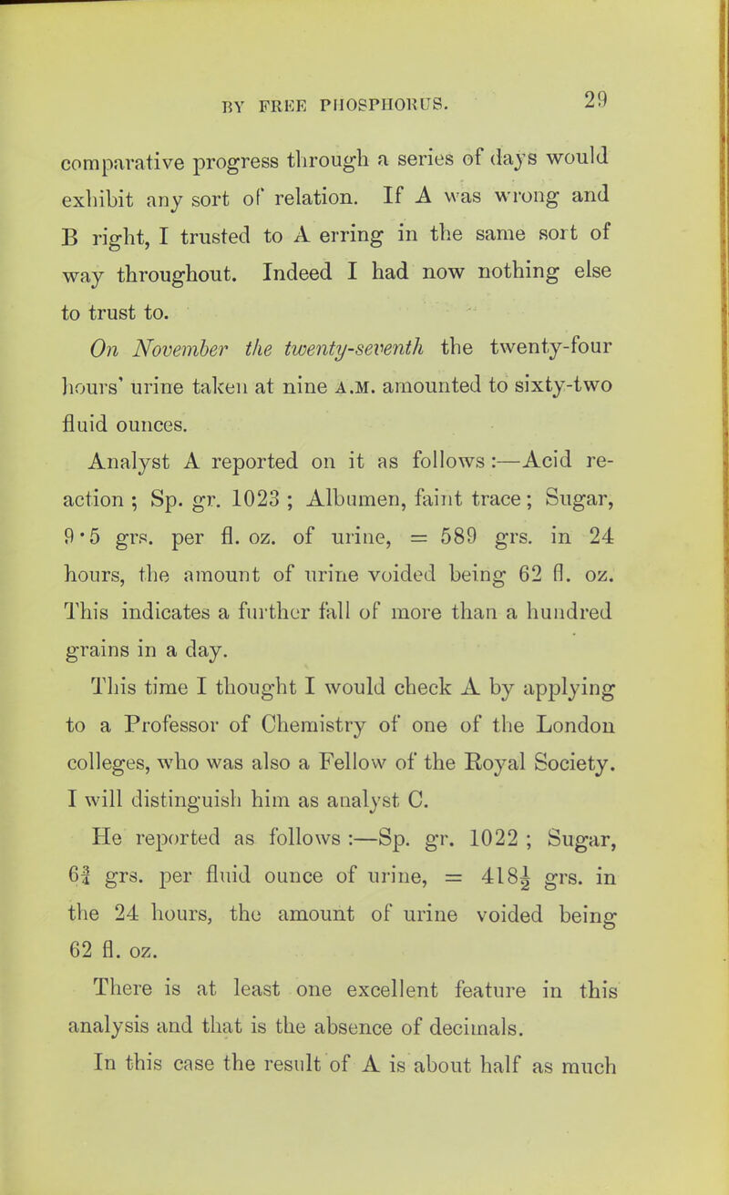 comparative progress through a series of dajs would exhibit any sort of relation. If A was wrong and B right, I trusted to A erring in the same sort of way throughout. Indeed I had now nothing else to trust to. On November the twenty-seventh the twenty-four hours' urine taken at nine a.m. amounted to sixty-two fluid ounces. Analyst A reported on it as follows:—Acid re- action ; Sp. gr. 1023 ; Albumen, faint trace; Sugar, 9*5 grs. per fl. oz. of urine, = 589 grs. in 24 hours, the amount of urine voided being 62 fl. oz. This indicates a further fall of more than a hundred grains in a day. This time I thought I would check A by applying to a Professor of Chemistry of one of the London colleges, who was also a Fellow of the Royal Society. I will distinguish him as analyst C. He reported as follows :—Sp. gr. 1022 ; Sugar, 6| grs. per fluid ounce of urine, = 418J grs. in the 24 hours, the amount of urine voided being 62 fl. oz. There is at least one excellent feature in this analysis and that is the absence of decimals. In this case the result of A is about half as much