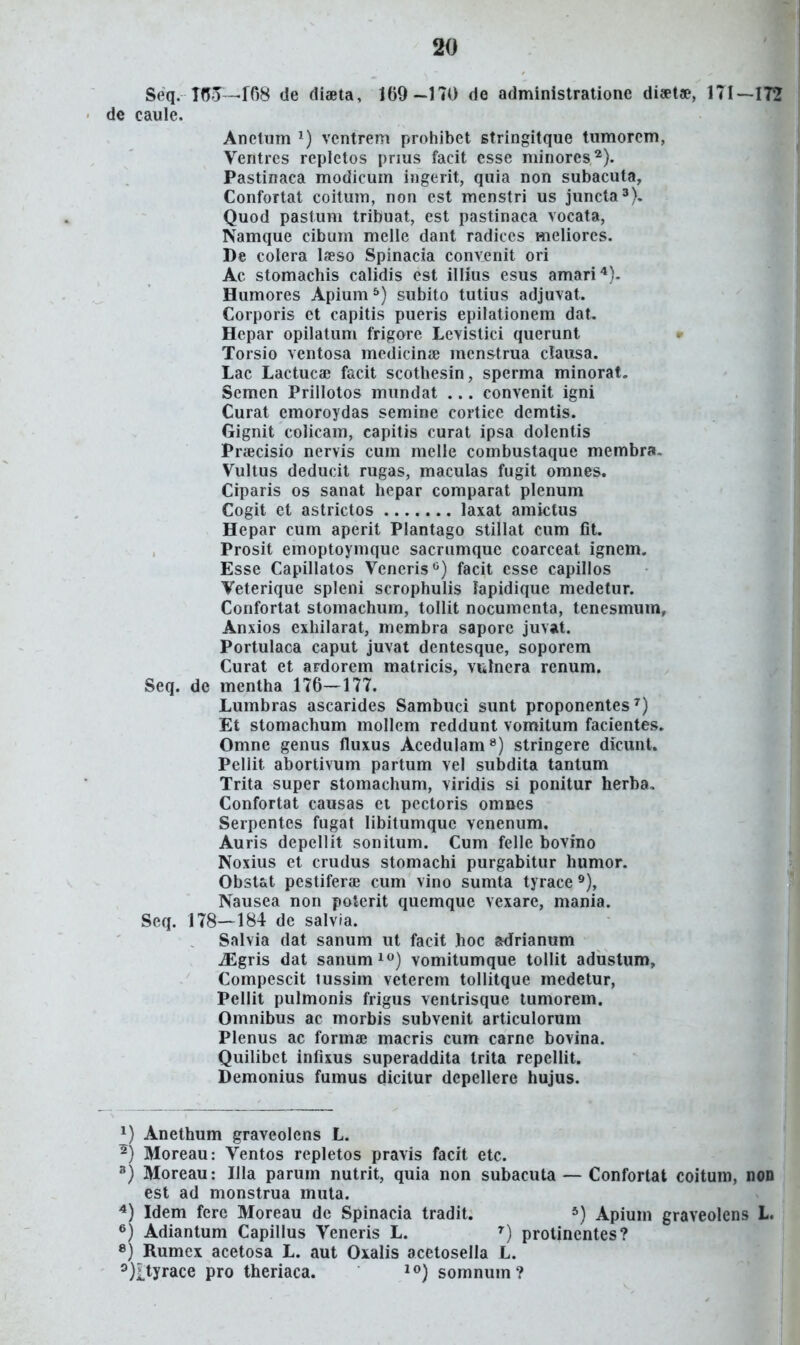 Seq. TfTo—108 de diaeta, 169-170 de adminlstratione di«t«, 171 — de caule. Anelum vcntrem prohibct stringitque tumorcm, Ventrcs repletos prius facit esse minores'*). Pastinaca modicum ingerit, quia non subacuta, Confortat coitum, non cst menstri us juncta^). Quod pastuni tribuat, cst pastinaca vocata, Namque cibum melle dant radiccs meliores. De colera Iseso Spinacia convenit ori Ac stomachis calidis est illius esus amari*)- Humores Apium ^) subito tutius adjuvat. Corporis et capitis pueris epilationem dat. Hcpar opilatum frigore Lcvistici querunt r Torsio ventosa medicinee mcnstrua clausa. Lac Lactucae facit scothesin, sperma minorat. Scmen Prillotos mundat ... convenit igni Curat emoroydas semine cortice demtis. Gignit colicam, capitis curat ipsa dolentis Praecisio nervis cum melle combustaque membra. Vultus deducit rugas, maculas fugit omnes. Ciparis os sanat hepar comparat plenum Cogit et astrictos laxat amiclus Hepar cum aperit Plantago stillat cum fit. Prosit emoptoymquc sacrumque coarceat ignem. Esse Capillatos Veneris*^) facit esse capillos Veterique spleni scrophulis lapidique medetur. Confortat stomachum, tollit nocumenta, tenesmum, Anxios exhilarat, membra saporc juvat. Portulaca caput juvat dentesque, soporem Curat et ardorem matricis, vulnera renum. Seq. de mentha 176—177. Lumbras ascarides Sambuci sunt proponentes'^) Et stomachum mollem reddunt vomitum facientes. Omne genus fluxus Acedulam^) stringere dicunt. Peliit abortivum partum vel subdita tantum Trita super stomachum, viridis si ponitur herba, Confortat causas ci pectoris omoes Serpentes fugat libitumque venenum. Auris depellit sonitum. Cum felle bovino Noxius et crudus stomachi purgabitur humor. Obst&t pcstiferae cum vino sumta tyrace ®), Nausea non polerit quemque vexare, mania. Seq. 178—184 de salvia. Salvia dat sanum ut facit hoc adrianum iEgris dat sanumi) vomitumque tollit adustum, ' Compescit tussim veterem tollitque medetur, Pellit pulmonis frigus ventrisque tumorem. Omnibus ac morbis subvenit articulorum Plenus ac formae macris cum carne bovina. Quilibct infixus superaddita trita repellit. Demonius fumus dicitur depellere hujus. 1) Anethum graveolens L. ^) Moreau: Ventos repletos pravis facit etc. ^) Moreau: Illa parum nutrit, quia non subacuta — Confortat coitum, non est ad monstrua muta. Idem ferc Moreau dc Spinacia tradit. *) Apium graveolens L. ^) Adiantum Capillus Veneris L. protinentes? 8) Rumex acetosa L. aut Oxalis acetosella L. ^)Ltyrace pro theriaca. »») somnum?