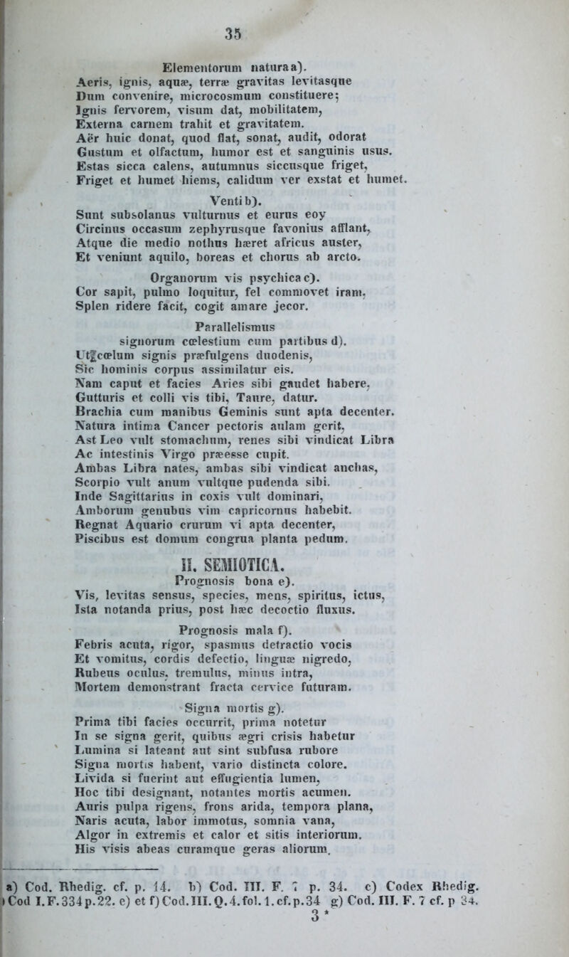 Elementonim natiiraa). Aeris, ignis, aquae, terra; gravitas levitasque Dum convenire, microcosmum constituere^ Ignis fervorem, visum dat, mobilitatem, Externa carnem trahit et gravitatem, Aer huic donat, quod flat, sonat;, audit, odorat Gustum et olfactum, Immor est et sanguinis usus. Estas sicca calens, autumnus siccusque friget, Friget et Jiumet hiems, calidum ver exstat et humet. Venti b). Sunt subsolanus vulturnus et eurus eoy Circinus occasum zephyrusque favonius afFlant^ Atque die medio nothns hseret africus auster, Et veniunt aquilo, boreas et chorus ab arcto. Organorum vis psychicac). Cor sapit, pulmo loquitur, fel commovet iram. Splen ridere facit, cogit amare jecor. Parallelismus signorum CGelestium cum partibus d). l't|ccplum signis prsefulgens duodenis, Sic hominis corpus assimilatur eis. Nam caput et facies Aries sibi gaudet liabere. Gutturis et colli vis tibi, Taure, datur. Brachia cum raanibus Geminis sunt apta decenter. Natura intima Cancer pectoris aiilam gcrit, Ast Leo vult stomachnnij renes sibi vindicat Libra Ac intestinis Virgo pr<eesse cupit. Ambas Libra nates, ambas sibi vindicat anchas, Scorpio vult amim vultque pudenda sibi. Inde Sagittarius in coxis vult dominari, Amborum genubus vim capriconius habebit. Regnat Aquario crurum vi apta decenter, Piscibus est domum congrua planta pedum. 11. SEMIOTICA. Prognosis bona e). Vis, levitas sensus, species, mens, spiritus, ictns, Ista notanda prius, post hsec decoctio fluxus. Prognosis mala f). Febris acuta^ rigor, spasmus detractio vocis Et vomitus, cordis defectio, lingure nigredo, Rubeus oculus. tremulus, minns intra, Mortem demonstrant fraeta cervice fiituram. Signa mortis g). Prima tibi facies occurrit, prima notetur In se signa gerit, quibus jegri crisis habetur liUmina si lateant aut sint subfusa rubore Signa mortis habent, vario distincta colore. Livida si fuerint aut effugientia lumenj Hoc tibi designant, notantes mortis acumen. Auris pulpa rigens, frons arida, tempora plana, Naris acuta, labor immotus, somnia vana, Algor in extremis et calor et sitis interiorum. His visis abeas curamque geras aliorum. a) Cod. Rhedig. cf. p. 14. b) Cod. IIT. F. 1 p. 34. c) Codex Rhedig. Cod I.F.334p.22. e) et f)Cod.III.Q.4.fol. l.cf.p.34 g) Cod. III. F. ? cf. p 34. 3*