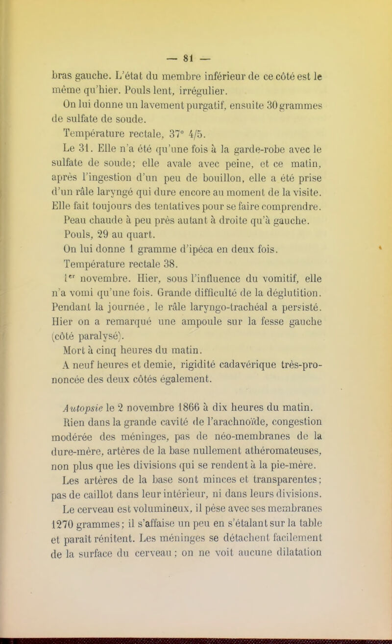 bras gauche. L'état du membre inférieur de ce côté est le même qu'hier. Pouls lent, irrégulier. On lui donne un lavement purgatif, ensuite 30 grammes de sulfate de soude. Température rectale, 37° 4/5. Le 31. Elle n'a été qu'une fois à la garde-robe avec le sulfate de soude; elle avale avec peine, et ce matin, après l'ingestion d'un peu de bouillon, elle a été prise d'un râle laryngé qui dure encore au moment de la visite. Elle fait toujours des tentatives pour se faire comprendre. Peau chaude à peu près autant à droite qu'à gauche. Pouls, 29 au quart. On lui donne 1 gramme d'ipéca en deux fois. Température rectale 38. 1er novembre. Hier, sous l'influence du vomitif, elle n'a vomi qu'une l'ois. Grande difficulté de la déglutition. Pendant la journée, le râle laryngo-trachéal a persisté. Hier on a remarqué une ampoule sur la fesse gauche (côté paralysé). Mort à cinq heures du matin. A neuf heures et demie, rigidité cadavérique très-pro- noncée des deux côtés également. Autopsie le 2 novembre 1866 à dix heures du matin. Rien dans la grande cavité de l'arachnoïde, congestion modérée des méninges, pas de néo-membranes de la dure-mère, artères de la base nullement athéromateuses, non plus que les divisions qui se rendent à la pie-mère. Les artères de la base sont minces et transparentes; pas de caillot dans leur intérieur, ni dans leurs divisions. Le cerveau est volumineux, il pèse avec ses membranes 1270 grammes; il s'affaise un peu en s'étalantsurla table et paraît rénitent. Les méninges se détachent facilement de la surface du cerveau ; on ne voit aucune dilatation