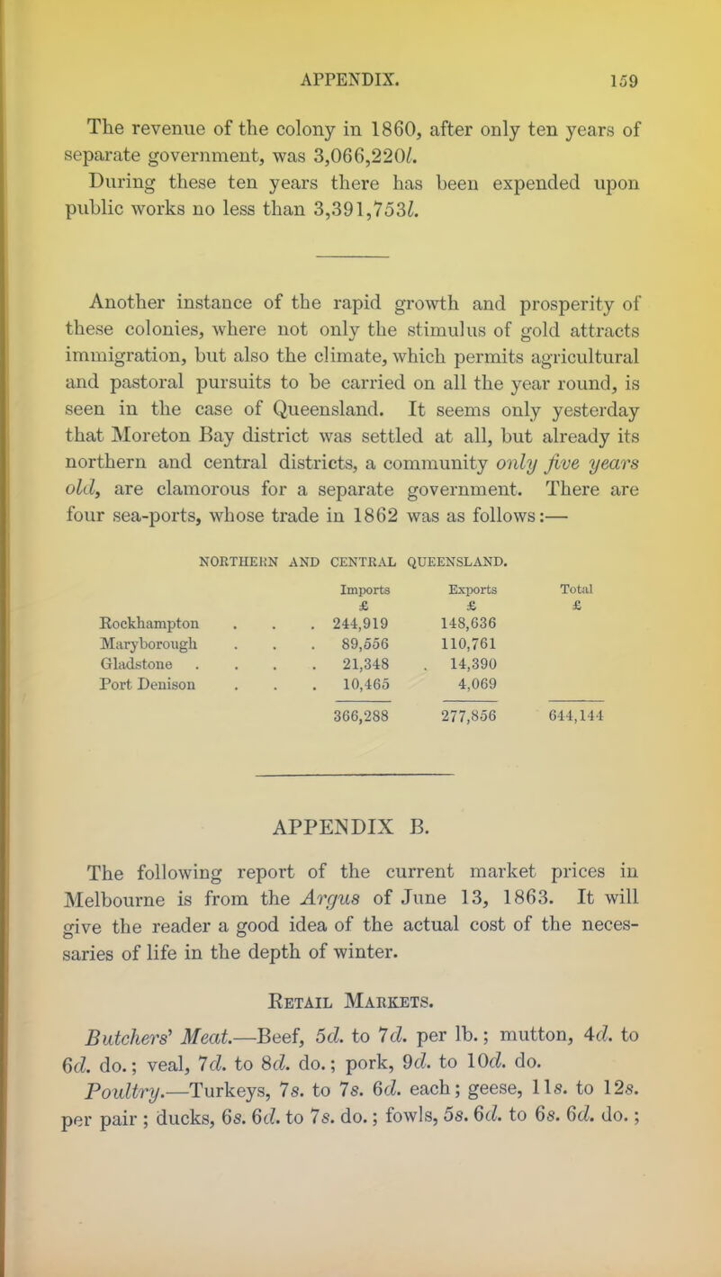 The revenue of the colony in 1860, after only ten years of separate government, was 3,066,220/. During these ten years there has been expended upon public works no less than 3,391,753/. Another instance of the rapid growth and prosperity of these colonies, where not only the stimulus of gold attracts immigration, but also the climate, which permits agricultural and pastoral pursuits to be carried on all the year round, is seen in the case of Queensland. It seems only yesterday that Moreton Bay district was settled at all, but already its northern and central districts, a community only Jive years old, are clamorous for a separate government. There are four sea-ports, whose trade in 1862 was as follows:— NORTHERN AND CENTRAL QUEENSLAND. Imports Exports Total £ £ £ Kockhampton . . . 244,919 148,636 Maryborough . . . 89,556 110,761 Gladstone .... 21,348 . 14,390 PortDenison . . . 10,465 4,069 366,288 277,856 644,144 APPENDIX B. The following report of the current market prices in Melbourne is from the Argus of June 13, 1863. It will srive the reader a good idea of the actual cost of the neces- saries of life in the depth of winter. Retail Markets. Butchers' Meat—Beef, 5d. to 7d. per lb.; mutton, Ad. to 6d. do.; veal, Id. to 8d. do.; pork, 9d. to lOd do. Poultry.— Turkeys, 7s. to 7s. 6d. each; geese, lis. to 12s. per pair ; ducks, 6s. 6d. to 7s. do.; fowls, 5s. 6<L to 6s. 6d. do.;