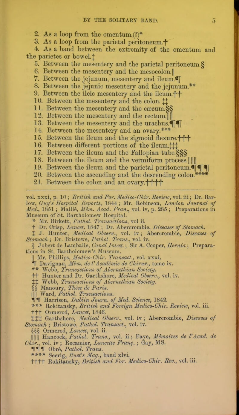 2. As a loop from the omentum. (?)* 3. As a loop from the parietal peritoneum.-f 4. As a band between the extremity of the omentum and the parietes or bow el. | 5. Between the mesentery and the parietal peritoueum.§ 6. Between the mesentery and the mesocolon. || 7. Between the jejunum, mesentery and ileum.^f 8. Between the jejunic mesentery and the jejunum.** 9. Between the ileic mesentery and the ileum.-f-f 10. Between the mesentery and the colon. H 11. Between the mesentery and the C8ecum.§§ 12. Between the mesentery and the rectum. |||| 13. Between the mesentery and the urachus.*^^ 14. Between the mesentery and an ovary.*** 15. Between the ileum and the sigmoid flexure.•ff--f' 16. Between different portions of the ileum.]:J| 17. Between the ileum and the Fallopian tube.§§§ 18. Between the ileum and the vermiform process. 19. Between the ileum and the parietal peritoneum.'i[[^<|y 20. Between the ascending and the descending colon.**** 21. Between the colon and an ovary.•f--||f- vol. xxxi, p. 10; British and For. Medico-Chir. Review, vol. iii; Dr. Bar- low, Guy's Hospital Reports, 1844 ; Mr. Robinson, London Journal of Med., 1851 ; Maille, Mem. Acad. Fran., vol. iv, p. 285 ; Preparations in Museum of St. Bartholomew Hospital. * Mr. Birkett, Pathol. Transactions, vol ii. t Dr. Crisp, Lancet. 1847 ; Dr. Abercrombie, Diseases of Stomach. % J. Hunter, Medical Observ., vol. iv; Abercrombie, Diseases of Stomach ; Dr. Bristowe, Pathol, Trans., vol. iv. § Jobert de Lamballe, Canal latest.; Sir A. Cooper, Hernia; Prepara- tions in St. Bartholomew's Museum. II Mr. Phillips, Medico-Chir. Transact., vol. xxxi, ir Davignau, Alem. de VAcademie de Chirur., tome iv. ** Webb, Transactions of Abernethian Society. +t Hunter and Dr. Garthshore, Medical Observ., vol. iv. XX Webb, Transactions of Abernethian Society. §§ Manoury, These de Paris. III! Ward, Pathol. Transactions. irir Harrison, Dublin Journ. of Med. Science, 1842. *** Rolsitansky, British and Foreign Medico-Chir. Review, vol. iii. +tt Ormerod, Lancet, 1846. XXX Garthshore, Medical Observ., vol. iv ; Abercrombie, Diseases of Stomach ; Bristowe, Pathol. Transact., vol. iv. §§§ Ormerod, Lancet, vol. ii. mill Hancock, Pathol. Trans., vol. ii ; Faye, Memoires de VAcad. de Chir., vol. iv ; liecamier, Lancette Frang. ; Gay, MS. iririr Obr6, Pathol. Trans. **** Seerig, Rust's Mag., band xlvi. tttt Rokitausky, British and For. Medico-Chir. Rev., vol. iii.