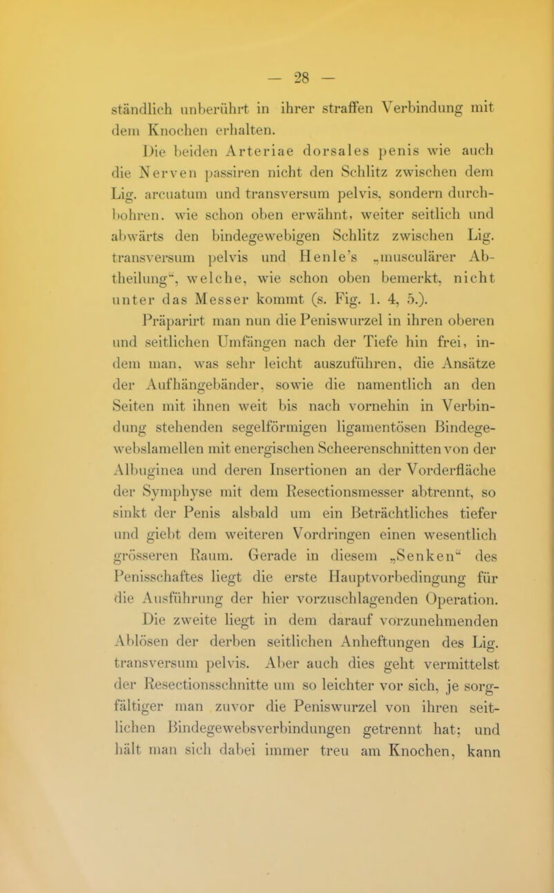 ständlich unberührt in ihrer straffen Verbindung mit dem Knochen erhalten. Die beiden Arteriae dorsales penis wie auch die Nerven passiren nicht den Schlitz zwischen dem Lig. arcuatum und transversum pelvis, sondern durch- ])ohren. wie schon oben erwähnt, weiter seitlich und abwärts den bindegewebigen Schlitz zwischen Lig. transversum pelvis und Henle's ^musculärer Ab- theilung'*, welche, wie schon oben bemerkt, nicht unter das Messer kommt (s. Fig. 1. 4, 5.). Präparirt man nun die Peniswurzel in ihren oberen und seitlichen Umfängen nach der Tiefe hin frei, in- dem man, was sehr leicht auszuführen, die Ansätze der Aufhängebänder, sowie die namentlich an den Seiten mit ihnen weit bis nach vornehin in Verbin- dung stehenden segeiförmigen ligamentösen Bindege- webslamellen mit energischen Scheerenschnitten von der Albuginea und deren Insertionen an der Vorderfläche der Symphyse mit dem Resectionsmesser abtrennt, so sinkt der Penis alsbald um ein Beträchtliches tiefer und giebt dem weiteren Vordringen einen wesentlich grösseren Raum. Gerade in diesem „Senken^' des Penisschaftes liegt die erste Hauptvorbedingung für die Ausführung der hier vorzuschlagenden Operation. Die zweite liegt in dem darauf vorzunehmenden Ablösen der derben seitlichen Anheftungen des Lig. transversum pelvis. Aber auch dies geht vermittelst der Resectionsschnitte um so leichter vor sich, je sorg- fältiger man zuvor die Peniswurzel von ihren seit- lichen Bindegewebsverbindungen getrennt hat: und hält man sich dabei immer treu am Knochen, kann