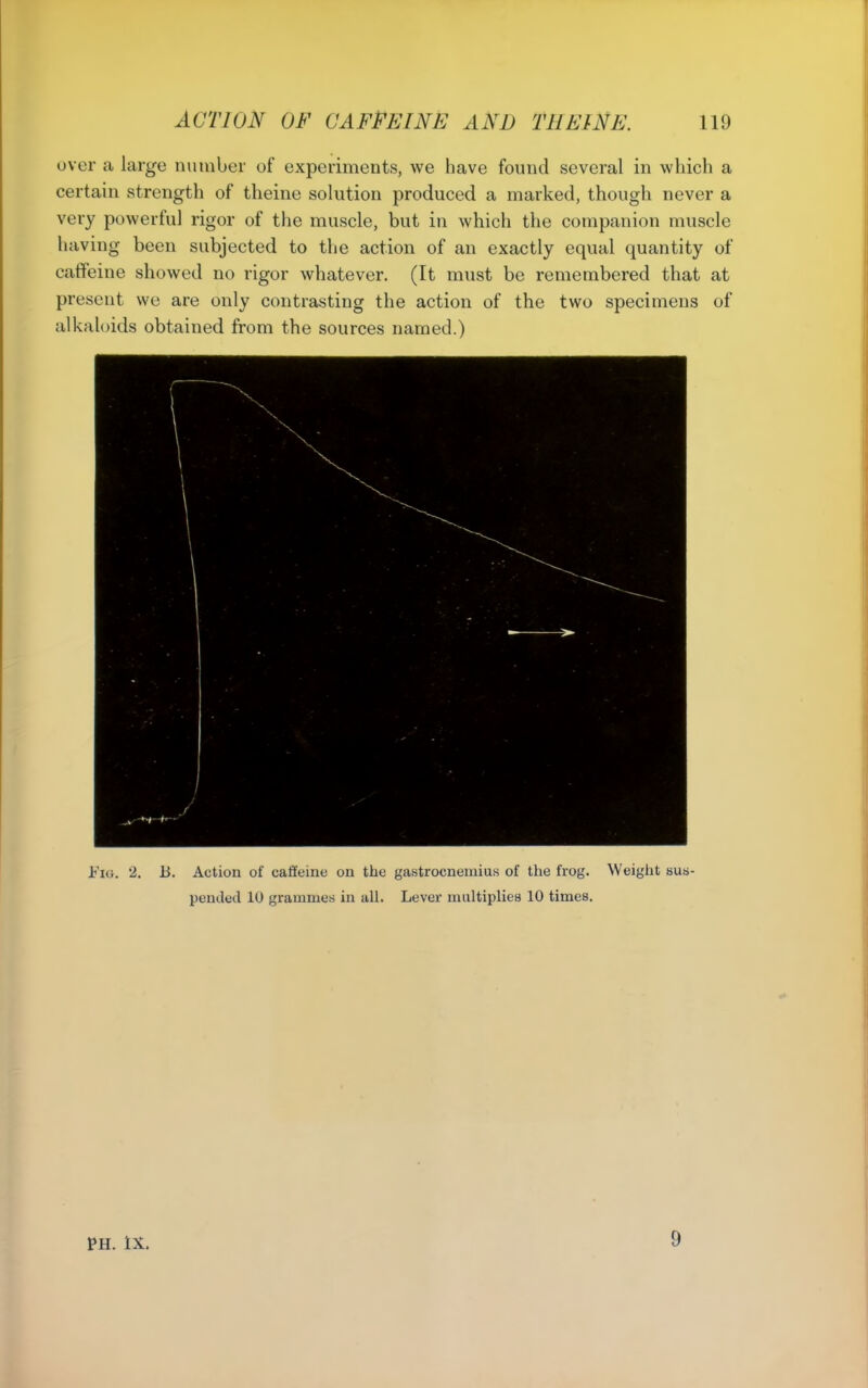 over a large number of experiments, we have found several in which a certain strength of theine solution produced a marked, though never a very powerful rigor of the muscle, but in which the companion muscle having been subjected to the action of an exactly equal quantity of caffeine showed no rigor whatever. (It must be remembered that at present we are only contrasting the action of the two specimens of alkaloids obtained from the sources named.) Flo. 2. B. Action of caffeine on the gastrocnemius of the frog. Weight sus- pended 10 grammes in all. Lever multiplies 10 times. PH. IX. 9