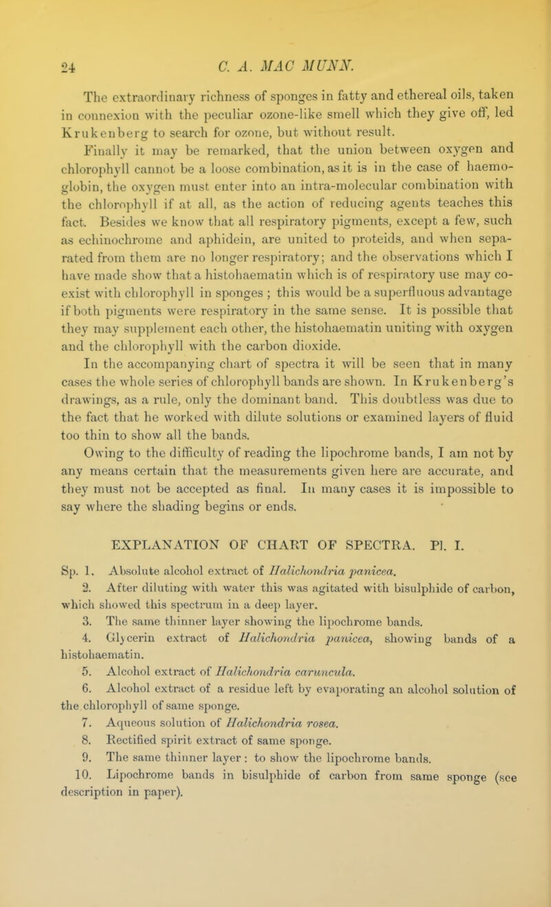 The extraordinary richness of sponges in fatty and ethereal oils, taken in connexion with the peculiar ozone-like smell which they give off, led Krukenberg to search for ozone, but without result. Finally it may be remarked, that the union between oxygen and chlorophyll cannot be a loose combination, as it is in the case of haemo- globin, the oxygen must enter into an intra-molecular combination with the chlorophyll if at all, as the action of reducing agents teaches this fact. Besides we know that all respiratory pigments, except a few, such as echinochrome and aphidein, are united to proteids, and when sepa- rated from them are no longer respiratory; and the observations which I have made show that a histohaematin which is of respiratory use may co- exist with chlorophyll in sponges ; this would be a superfluous advantage if both pigments were respiratory in the same sense. It is possible that they may supplement each other, the histohaematin uniting with oxygen and the chlorophyll with the carbon dioxide. In the accompanying chart of spectra it will be seen that in many cases the whole series of chlorophyll bands are shown. In Krukenberg's drawings, as a rule, only the dominant band. This doubtless was due to the fact that he worked with dilute solutions or examined layers of fluid too thin to show all the bands. Owing to the difficulty of reading the lipochrome bands, I am not by any means certain that the measurements given here are accurate, and they must not be accepted as final. In many cases it is impossible to say where the shading begins or ends. EXPLANATION OF CHART OF SPECTRA. PI. I. Sp. 1. Absolute alcohol extract of Halichondria panicea. 2. After diluting with water this was agitated with bisulphide of carbon, which showed this spectrum in a deep layer. 3. The same thinner layer showing the lipochrome bauds. 4. Gl)cerin extract of Halichondria panicea, showing bands of a histohaematin. 5. Alcohol extract of Halichondria caruncula. 6. Alcohol extract of a residue left by evaporating an alcohol solution of the chlorophyll of same sponge. 7. Aqueous solution of Halichondria rosea. 8. Rectified spirit extract of same sponge. 9. The same thinner layer : to show the lipochrome bands. 10. Lipochrome bands in bisulphide of carbon from same sponge (see description in paper).