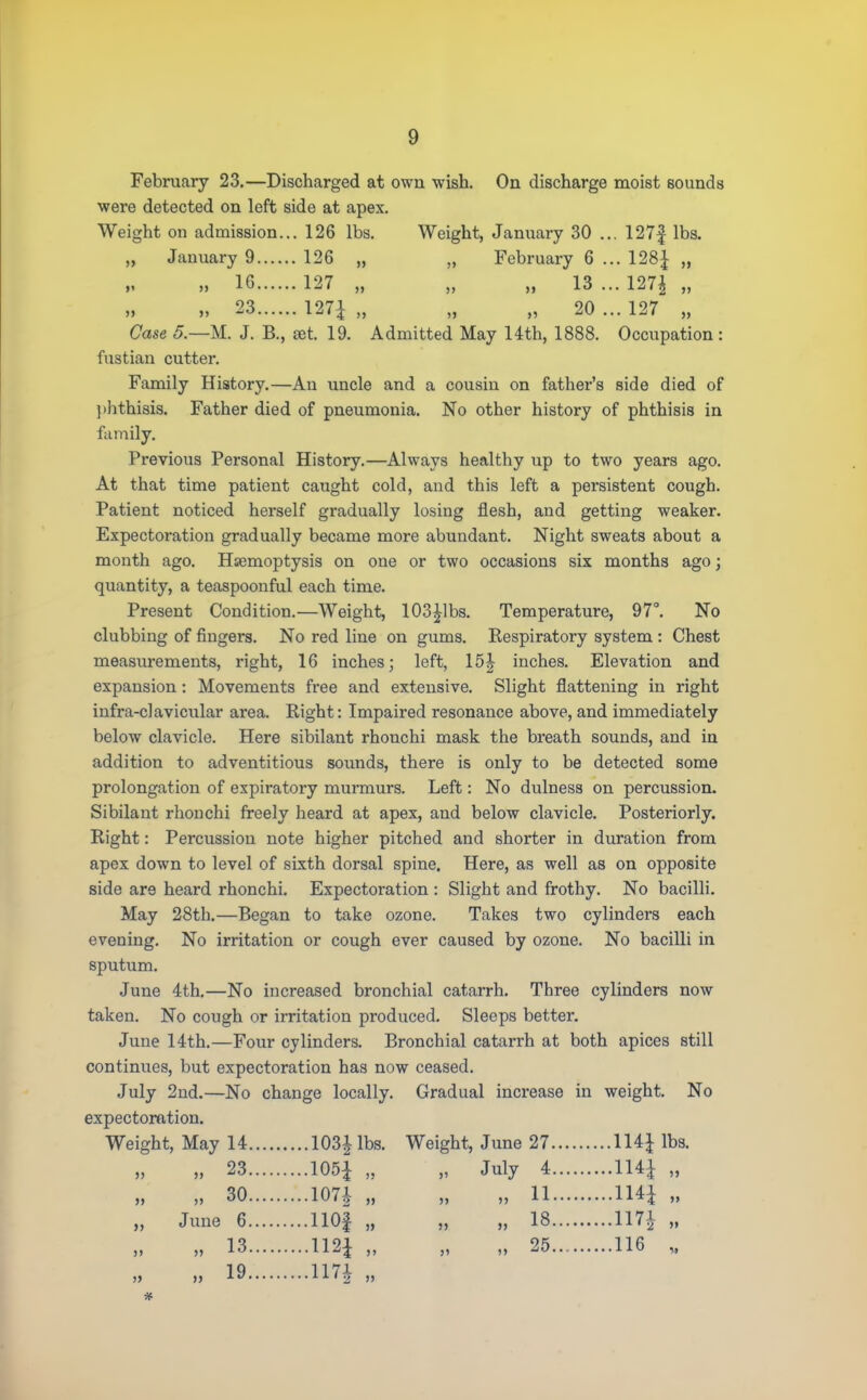 February 23.—Discharged at own wish. On discharge moist sounds were detected on left side at apex. Weight on admission... 126 lbs. Weight, January 30 ... 127| lbs. „ January 9 126 „ „ February 6 ... 128J „ h 16 127 „ „ i) 13 ...127J „ » 23 127* „ „ „ 20 ... 127 „ Case 5.—M. J. B., jet. 19. Admitted May 14th, 1888. Occupation : fustian cutter. Family History.—An uncle and a cousin on father's side died of phthisis. Father died of pneumonia. No other history of phthisis in family. Previous Personal History.—Always healthy up to two years ago. At that time patient caught cold, and this left a persistent cough. Patient noticed herself gradually losing flesh, and getting weaker. Expectoration gradually became more abundant. Night sweats about a month ago. Hsemoptysis on one or two occasions six months ago; quantity, a teaspoonful each time. Present Condition.—Weight, 103£lbs. Temperature, 97°. No clubbing of fingers. No red line on gums. Respiratory system : Chest measurements, right, 16 inches; left, 15J inches. Elevation and expansion: Movements free and extensive. Slight flattening in right infra-clavicular area. Right: Impaired resonance above, and immediately below clavicle. Here sibilant rhonchi mask the breath sounds, and in addition to adventitious sounds, there is only to be detected some prolongation of expiratory murmurs. Left: No dulness on percussion. Sibilant rhonchi freely heard at apex, and below clavicle. Posteriorly. Right: Percussion note higher pitched and shorter in duration from apex down to level of sixth dorsal spine. Here, as well as on opposite side are heard rhonchi. Expectoration : Slight and frothy. No bacilli. May 28th.—Began to take ozone. Takes two cylinders each evening. No irritation or cough ever caused by ozone. No bacilli in sputum. June 4th.—No increased bronchial catarrh. Three cylinders now taken. No cough or irritation produced. Sleeps better. June 14th.—Four cylinders. Bronchial catarrh at both apices still continues, but expectoration has now ceased. July 2nd.—No change locally. Gradual increase in weight. No expectoration. Weight, May 14 103| lbs. Weight, June 27 IU\ lbs. „ 23 105£ „ „ July 4 1H£ „ » 30 107J „ „ „ 11 114* „ >> June 6 HOf „ „ „ 18 117$ „ 13 112J „ „ „ 25 116 19 117*