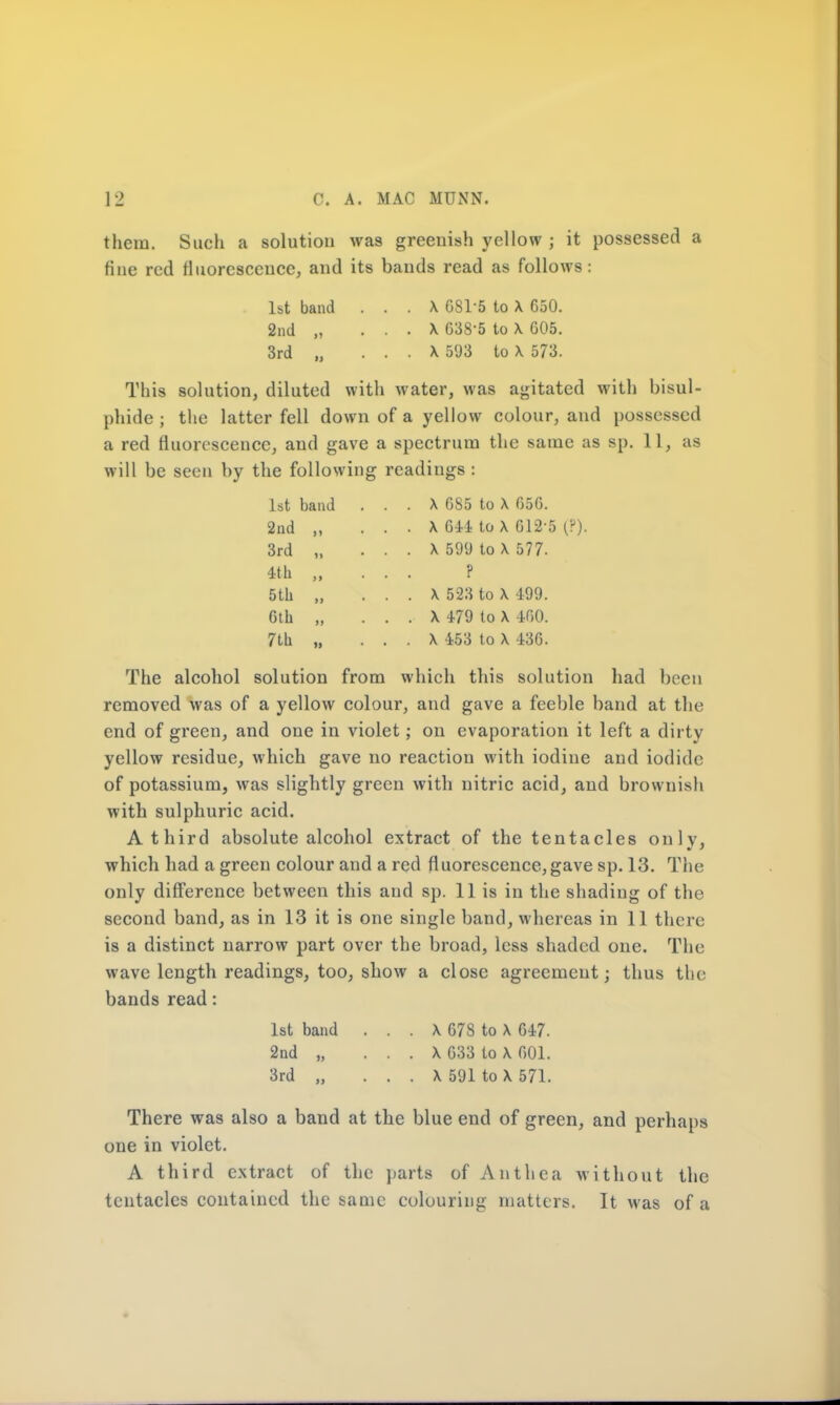 them. Such a solution was greenish yellow ; it possessed a fine red fluorescence, and its bands read as follows: 1st band ... X G815 to X 650. 2nd „ ... X G38-5 to X 605. 3rd „ ... X 593 to X 573. This solution, diluted with water, was agitated with bisul- phide ; the latter fell down of a yellow colour, and possessed a red fluorescence, and gave a spectrum the same as sp. 11, as will be seen by the following readings : 1st band . . X 685 to X 656. 2nd ,, . . X 644 to X 612-5 (?) 3rd „ . . X 599 to X 577. 4th „ ? 5th „ . . X 523 to X 499. 6th „ . . X 479 to X 460. 7th „ . . X 453 to X 436. The alcohol solution from which this solution had been removed was of a yellow colour, and gave a feeble band at the end of green, and one in violet; on evaporation it left a dirty yellow residue, which gave no reaction with iodine and iodide of potassium, was slightly green with nitric acid, and brownish with sulphuric acid. A third absolute alcohol extract of the tentacles only, which had a green colour and a red fluorescence,gave sp. 13. The only difference between this and sp. 11 is in the shading of the second band, as in 13 it is one single band, whereas in 11 there is a distinct narrow part over the broad, less shaded one. The wave length readings, too, show a close agreement; thus the bands read: 1st band . . . X 678 to X 647. 2nd „ ... X 633 to X 601. 3rd „ . . . \ 591 to X 571. There was also a band at the blue end of green, and perhaps one in violet. A third extract of the parts of Anthea without the tentacles contained the same colouring matters. It was of a