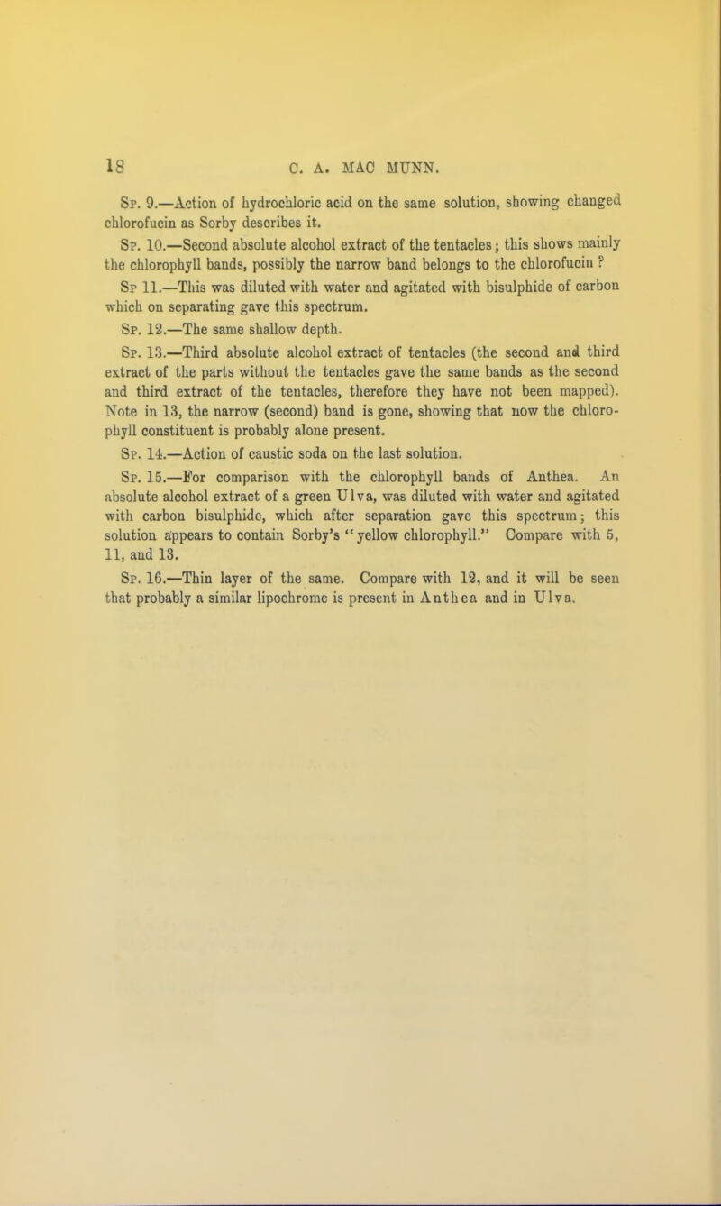 Sr. 9.—Action of hydrochloric acid on the same solution, showing changed chlorofucin as Sorby describes it. Sp. 10.—Second absolute alcohol extract of the tentacles; this shows mainly the chlorophyll bands, possibly the narrow band belongs to the chlorofucin ? Sp 11.—This was diluted with water and agitated with bisulphide of carbon which on separating gave this spectrum. Sp. 12.—The same shallow depth. Sp. 13.—Third absolute alcohol extract of tentacles (the second and third extract of the parts without the tentacles gave the same bands as the second and third extract of the tentacles, therefore they have not been mapped). Note in 13, the narrow (second) band is gone, showing that now the chloro- phyll constituent is probably alone present. Sp. 11.—Action of caustic soda on the last solution. Sp. 15.—For comparison with the chlorophyll bands of Anthea. An absolute alcohol extract of a green Ulva, was diluted with water and agitated with carbon bisulphide, which after separation gave this spectrum; this solution appears to contain Sorby's yellow chlorophyll. Compare with 5, 11, and 13. Sr. 16.—Thin layer of the same. Compare with 12, and it will be seen that probably a similar lipochrome is present in Anthea and in Ulva.