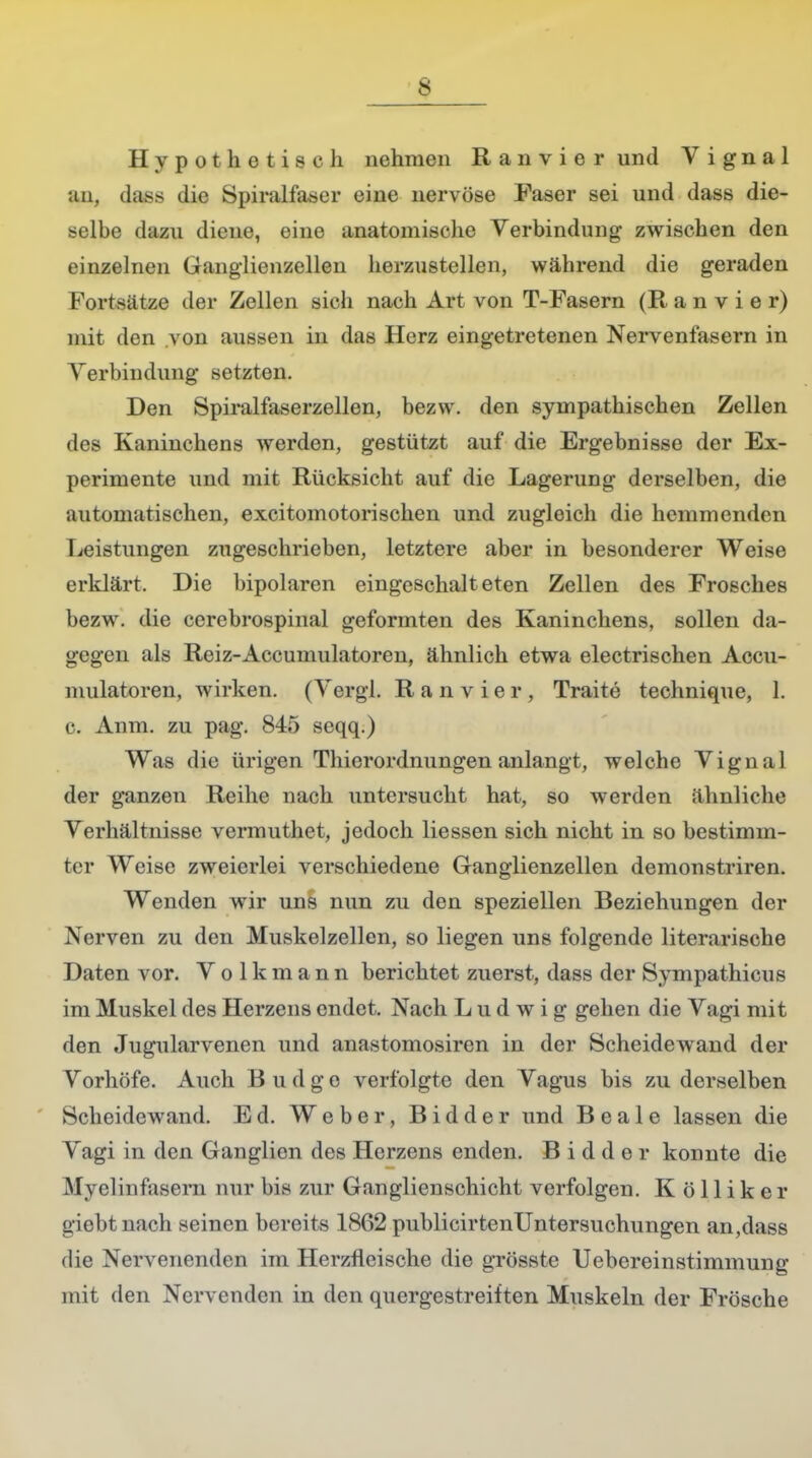 Hypothetisch nehmen Ranvier und V i g n a 1 an, dass die Spiralfaser eine nervöse Faser sei und dass die- selbe dazu diene, eine anatomische Verbindung zwischen den einzelnen Ganglienzellen herzustellen, während die geraden Fortsätze der Zellen sich nach Art von T-Fasern (R a n v i e r) mit den von aussen in das Herz eingetretenen Nervenfasern in Verbindung setzten. Den Spiralfaserzellen, bezw. den sympathischen Zellen des Kaninchens werden, gestützt auf die Ergebnisse der Ex- perimente und mit Rücksicht auf die Lagerung derselben, die automatischen, excitomotorischen und zugleich die hemmenden Leistungen zugeschrieben, letztere aber in besonderer Weise erklärt. Die bipolaren eingeschalteten Zellen des Frosches bezw. die cerebrospinal geformten des Kaninchens, sollen da- gegen als Reiz-Accumulatoren, ähnlich etwa electrischen Accu- mulatoren, wirken. (Vergl. Ranvier, Traite technique, L c. Anm. zu pag. 845 seqq.) Was die ürigen Thierordnungen anlangt, welche Vignal der ganzen Reihe nach untersucht hat, so werden ähnliche Verhältnisse vermuthet, jedoch Hessen sich nicht in so bestimm- ter Weise zweierlei verschiedene Ganglienzellen demonstriren. Wenden wir uns nun zu den speziellen Beziehungen der Nerven zu den Muskelzellen, so liegen uns folgende literarische Daten vor. Volkmann berichtet zuerst, dass der Sympathicus im Muskel des Herzens endet. Nach Ludwig gehen die Vagi mit den Jugularvenen und anastomosiren in der Scheidewand der Vorhöfe. Auch B u d g e verfolgte den Vagus bis zu derselben Scheidewand. Ed. Weber, Bidder und Bea 1 e lassen die Vagi in den Ganglion des Herzens enden. Bidder konnte die Myelin fasern nur bis zur Ganglienschicht verfolgen. Kölliker triebt nach seinen bereits 1862 publicirtenTJntersuchungen an,dass die Nervenenden im Herzfleische die grösste Uebereinstimmung mit den Nervenden in den quergestreiften Muskeln der Frösche