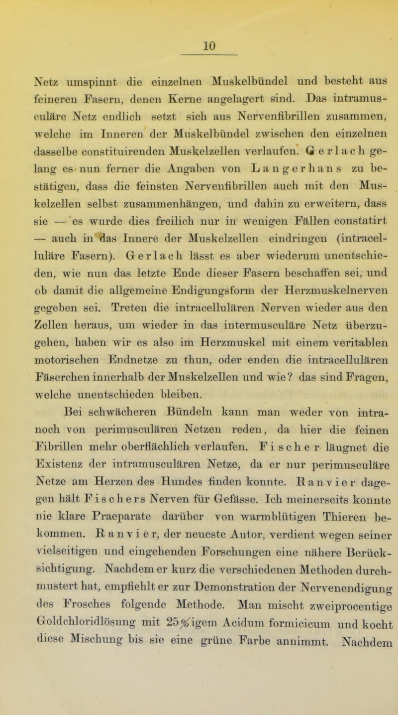 Netz umspinnt die einzelnen Muskelbündel und besteht aus feineren Fasern, denen Kerne angelagert sind. Das intramus- kuläre Netz endlich setzt sich aus Nervenfibrillen zusammen, welche im Inneren der Muskelbündel zwischen den einzelnen dasselbe constituirenden Muskelzellen verlaufen. (Merlach ge- lang es nun ferner die Angaben von Langerhans zu be- stätigen, dass die feinsten Nervcnfibrillen auch mit den Mus- kelzellen selbst zusammenhängen, und dahin zu erweitern, dass sie — es wurde dies freilich nur in wenigen Fällen constatirt — auch in das Innere der Muskelzellen eindringen (intracel- luläre Fasern). G e r 1 a c h lässt es aber wiederum unentschie- den, wie nun das letzte Ende dieser Fasern beschaffen sei, und ob damit die allgemeine Endigungsform der Herzmuskelnerven gegeben sei. Treten die intracellulären Nerven wieder aus den Zellen heraus, um wieder in das intermusculäre Netz überzu- gehen, haben wir es also im Herzmuskel mit einem veritablen motorischen Endnetze zu thun, oder enden die intracellulären Fäserchen innerhalb der Muskelzellen und wie? das sind Fragen, welche unentschieden bleiben. Bei schwächeren Bündeln kann man weder von intra- noch von perimusculären Netzen reden, da hier die feinen Fibrillen mehr oberflächlich verlaufen. Fischer läugnet die Existenz der intramusculären Netze, da er nur perimusculäre Netze am Herzen des Hundes finden konnte. Ran vier dage- gen hält Fischers Nerven für Gefässe. Ich meinerseits konnte nie klare Praeparate darüber von warmblütigen Thieren be- kommen. Ranvier, der neueste Autor, verdient wegen seiner vielseitigen und eingehenden Forschungen eine nähere Berück- sichtigung. Nachdem er kurz die verschiedenen Methoden durch- mustert hat, empfiehlt er zur Demonstration der Nervenendigung des Frosches folgende Methode. Man mischt zweiprocentige Goldchloridlösung mit 25#igem Acidum formicicum und kocht diese Mischung bis sie eine grüne Farbe annimmt. Nachdem