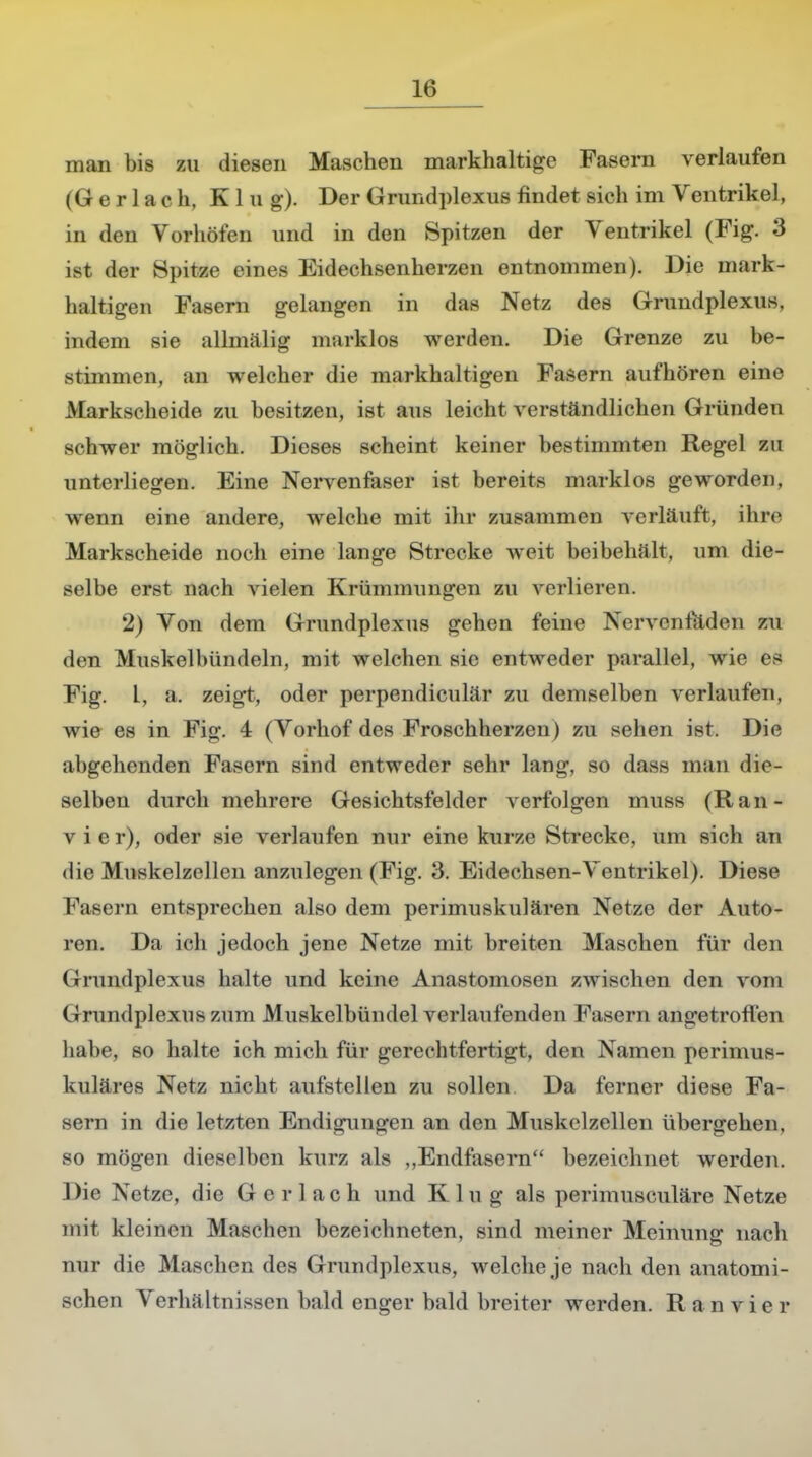 man bis zu diesen Maschen markhaltige Fasern verlaufen (G e r 1 a c h, K 1 u g). Der Grundplexus findet sich im Ventrikel, in den Vorboten und in den Spitzen der Ventrikel (Fig. 3 ist der Spitze eines Eidechsenherzen entnommen). Die mark- haltige n Fasern gelangen in das Netz des Grundplexus. indem sie allmälig murklos werden. Die Grenze zu be- stimmen, an welcher die markhaltigen Fasern aufhören eine Markscheide zu besitzen, ist aus leicht verständlichen Gründen schwer möglich. Dieses scheint keiner bestimmten Regel zu unterliegen. Eine Nervenfaser ist bereits marklos geworden, wenn eine andere, welche mit ihr zusammen verläuft, ihre Markscheide noch eine lange Strecke weit beibehält, um die- selbe erst nach vielen Krümmungen zu verlieren. 2) Von dem Grundplexus gehen feine Nervenfäden zu den Muskelbündeln, mit welchen sie entweder parallel, wie es Fig. I, a. zeigt, oder perpendiculär zu demselben verlaufen, wie es in Fig. 4 (Vorhof des Froschherzen ) zu sehen ist. Die abgehenden Fasern sind entweder sehr lang, so dass man die- selben durch mehrere Gesichtsfelder verfolgen muss (Ran- v i e r), oder sie verlaufen nur eine kurze Strecke, um sich an die Muskelzellen anzulegen (Fig. 3. Eidechsen-Ventrikel). Diese Fasern entsprechen also dem perimuskulären Netze der Auto- ren. Da ich jedoch jene Netze mit breiten Maschen für den Grundplexus halte und keine Anastomosen zwischen den vom Grundplexus zum Muskelbündel verlaufenden Fasern angetroffen habe, so halte ich mich für gerechtfertigt, den Namen perimus- kuläres Netz nicht aufstellen zu sollen Da ferner diese Fa- sern in die letzten Endigungen an den Muskelzellcn übergehen, so mögen dieselben kurz als Endfasern bezeichnet werden. Die Netze, die G e r 1 ac h und Klug als perimusculäre Netze mit kleinen Maschen bezeichneten, sind meiner Meinung nach nur die Maschen des Grundplexus, welche je nach den anatomi- schen Verhältnissen bald enger bald breiter werden. R a n vier