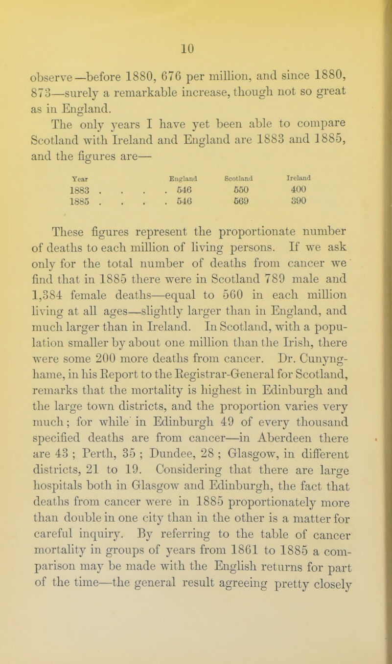 observe—before 1880, 676 per million, and since 1880, 873—surely a remarkable increase, though not so great as in England. The only years I have yet been able to compare Scotland with Ireland and England are 1883 and 1885, and the figures are— Tear England Scotland Ireland 1883 . . . .540 550 400 1885 . . . .540 509 390 These figures represent the proportionate number of deaths to each million of living persons. If we ask only for the total number of deaths from cancer we find that in 1885 there were in Scotland 789 male and 1,384 female deaths—equal to 5G0 in each million living at all ages—slightly larger than in England, and much larger than in Ireland. In Scotland, with a popu- lation smaller by about one million than the Irish, there were some 200 more deaths from cancer. Dr. Cunyng- hame, in his Report to the Registrar-General for Scotland, remarks that the mortality is highest in Edinburgh and the large town districts, and the proportion varies very much; for while' in Edinburgh 49 of every thousand specified deaths are from cancer—in Aberdeen there are 43 ; Perth, 35 ; Dundee, 28 ; Glasgow, in different districts, 21 to 19. Considering that there are large hospitals both in Glasgow and Edinburgh, the fact that deaths from cancer were in 1885 proportionately more than double in one city than in the other is a matter for careful inquiry. By referring to the table of cancer mortality in groups of years from 1861 to 1885 a com- parison may be made with the English returns for part of the time—the general result agreeing pretty closely