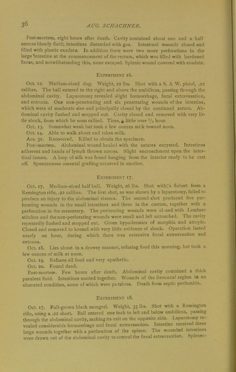 Post-mortem, eight hours after death. Cavity contained about one and a half ounces bloody fluid; intestines distended with gas. Intestinal wounds closed and filled with plastic exudate. In addition there were two more perforations in the large intestine at the commencement of the rectum, which was filled with hardened fec«s, and notwithstanding this, none escaped. Splenic wound covered with exudate. Experiment 16. Oct. 12. Medium-sized dog. Weight, 22 lbs. Shot with a S. & \V. pistol, .22 calibre. The ball entered to the right and above the umbilicus, passing through the abdominal cavity. Laparotomy revealed slight haemorrhage, fecal extravasation, and entozoa. One non-penetrating and six penetrating wounds of the intestine, which were of moderate size and principally closed by the continued suture. Ab- dominal cavity flushed and mopped out. Cavity closed and removed with very lit- tle shock, from which he soon rallied. Time, ^ little over '/a hour. Oct. 13. Somewhat weak but took a few ounces milk toward noon. Oct. 14. Able to walk about and takes milk. Acs. 31. Recovered. Killed to obtain the specimen. Post-mortem. Abdominal wound healed with the sutures encysted. Intestines adherent and bands of lymph thrown across. Slight encroachment upon the intes- tinal lumen. A loop of silk was found hanging from the interior ready to be cast off. Spontaneous omental grafting occurred in another. Experiment 17. Oct. 17. Medium-sized half bull. Weight, 26 lbs. Shot withCa flobert from a Remington rifle, .22 calibre. The first shot, as was shown by a laparotomy, failed to produce an injury to the abdominal viscera. The second shot produced five per- forating wounds in the small intestines and three in the ccecum, together with a perforation in the mesentery. The perforating wounds were closed with Lembert stitches and the non-perforating wounds were small and left untouched. The cavity repeatedly flushed and mopped out. Given hypodermics of morphia and atropia. Closed and removed to kennel with very little evidence of shock. Operation lasted nearly an hour, during which there was extensive focal extravasation and entozoa. Oct. 18. Lies about in a drowsy manner, refusing food this morning, but took a few ounces of milk at noon. Oct. 19. Refuses all food and very apathetic. Oct. 20. Found dead. Post-mortem. Few hours after death. Abdominal cavity contained a thick purulent fluid. Intestines matted together. Wounds of the ileocecal region in an ulcerated condition, some of which were patulous. Death from septic peritonitis. Experiment iS. Oct. 17. Full-grown black mongrel. Weight, 35 lbs. Shot with a Remington rifle, using a .22 short. Ball entered one inch to left and below umbilicus, passing through the abdominal cavity, making its exit on the opposite side. Laparotomy re- vealed considerable haemorrhage and fecal extravasation. Intestine received three large wounds together with a perforation of the spleen. The wounded intestines were drawn out of the abdominal cavity to control the fecal extravasation. Splenec-