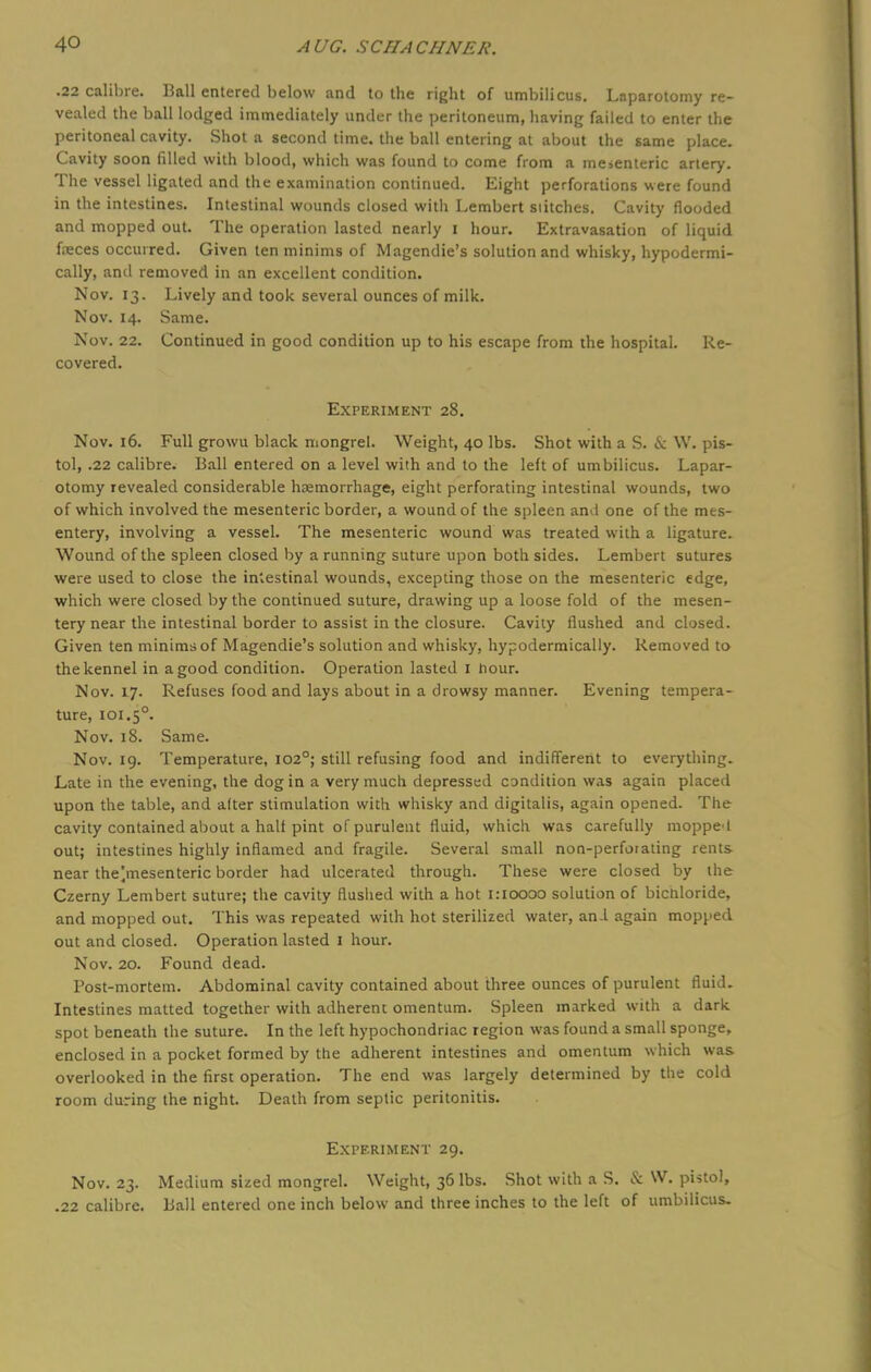 .22 calibre. Ball entered below and to the right of umbilicus. laparotomy re- vealed the ball lodged immediately under the peritoneum, having failed to enter the peritoneal cavity. Shot a second time, the ball entering at about the same place. Cavity soon filled with blood, which was found to come from a mesenteric artery. The vessel ligated and the examination continued. Eight perforations were found in the intestines. Intestinal wounds closed with Lembert siitches. Cavity flooded and mopped out. The operation lasted nearly i hour. Extravasation of liquid feces occurred. Given ten minims of Magendie's solution and whisky, hypodermi- cally, and removed in an excellent condition. Nov. 13. Lively and took several ounces of milk. Nov. 14. Same. Nov. 22. Continued in good condition up to his escape from the hospital. Re- covered. Experiment 28. Nov. 16. Full growu black mongrel. Weight, 40 lbs. Shot with a S. & W. pis- tol, .22 calibre. Ball entered on a level with and to the left of umbilicus. Lapar- otomy revealed considerable haemorrhage, eight perforating intestinal wounds, two of which involved the mesenteric border, a wound of the spleen and one of the mes- entery, involving a vessel. The mesenteric wound was treated with a ligature. Wound of the spleen closed by a running suture upon both sides. Lembert sutures were used to close the intestinal wounds, excepting those on the mesenteric edge, which were closed by the continued suture, drawing up a loose fold of the mesen- tery near the intestinal border to assist in the closure. Cavity flushed and closed. Given ten minims of Magendie's solution and whisky, hypodermically. Removed to the kennel in a good condition. Operation lasted I hour. Nov. 17. Refuses food and lays about in a drowsy manner. Evening tempera- ture, 101.50. Nov. 18. Same. Nov. 19. Temperature, 1020; still refusing food and indifferent to everything. Late in the evening, the dog in a very much depressed condition was again placed upon the table, and after stimulation with whisky and digitalis, again opened. The cavity contained about a halt pint of purulent fluid, which was carefully moppet out; intestines highly inflamed and fragile. Several small non-perforating rents near the]mesenteric border had ulcerated through. These were closed by the Czerny Lembert suture; the cavity flushed with a hot 1:10000 solution of bichloride, and mopped out. This was repeated with hot sterilized water, an-I again mopped out and closed. Operation lasted I hour. Nov. 20. Found dead. Post-mortem. Abdominal cavity contained about three ounces of purulent fluid. Intestines matted together with adherent omentum. Spleen marked with a dark spot beneath the suture. In the left hypochondriac region was found a small sponge, enclosed in a pocket formed by the adherent intestines and omentum which was overlooked in the first operation. The end was largely determined by the cold room during the night. Death from septic peritonitis. Experiment 29. Nov. 23. Medium sized mongrel. Weight, 36 lbs. Shot with a S. & W. pistol, .22 calibre. Ball entered one inch below and three inches to the left of umbilicus.
